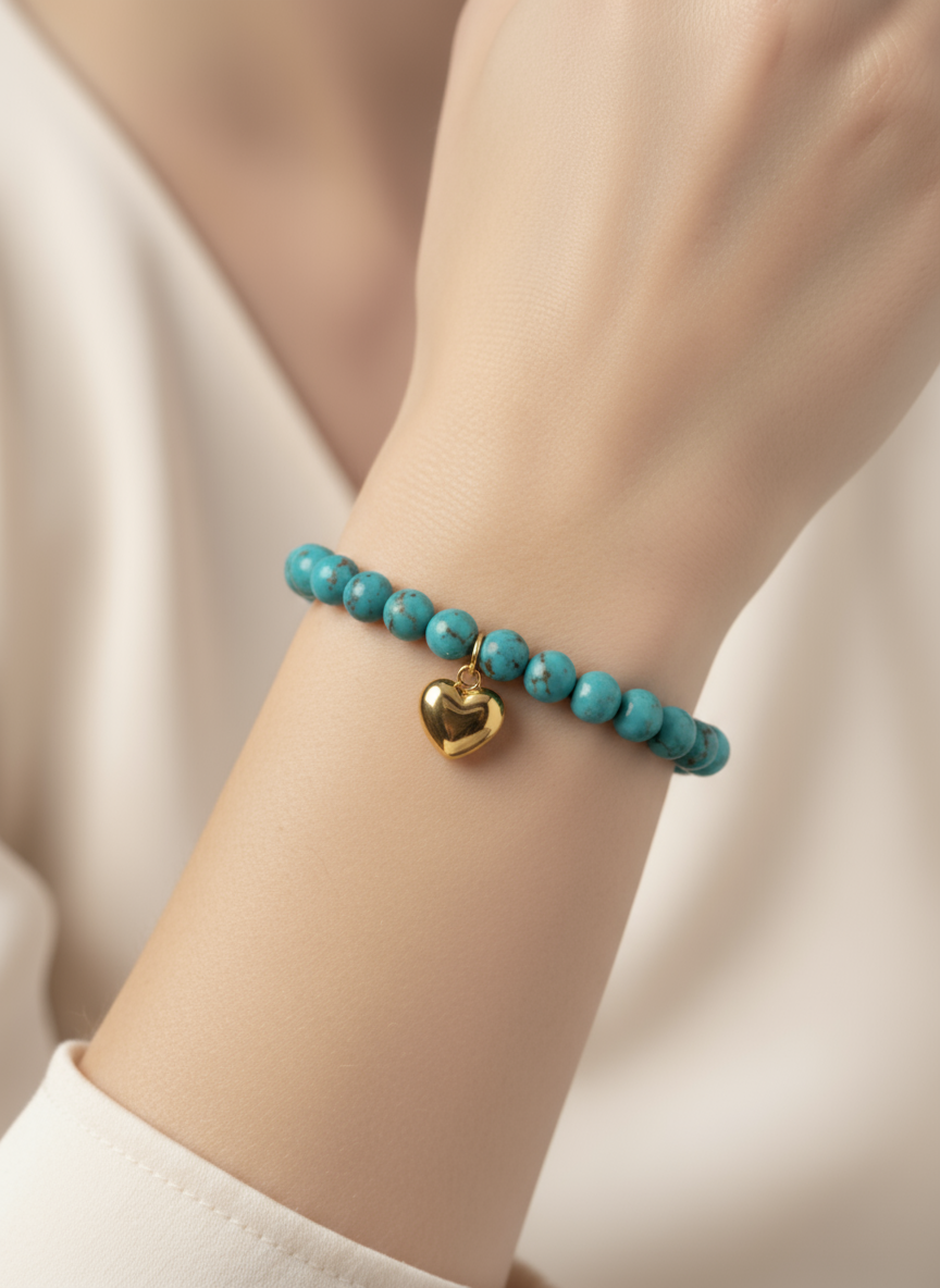18K Gold Heart Charm Turquoise Bracelet