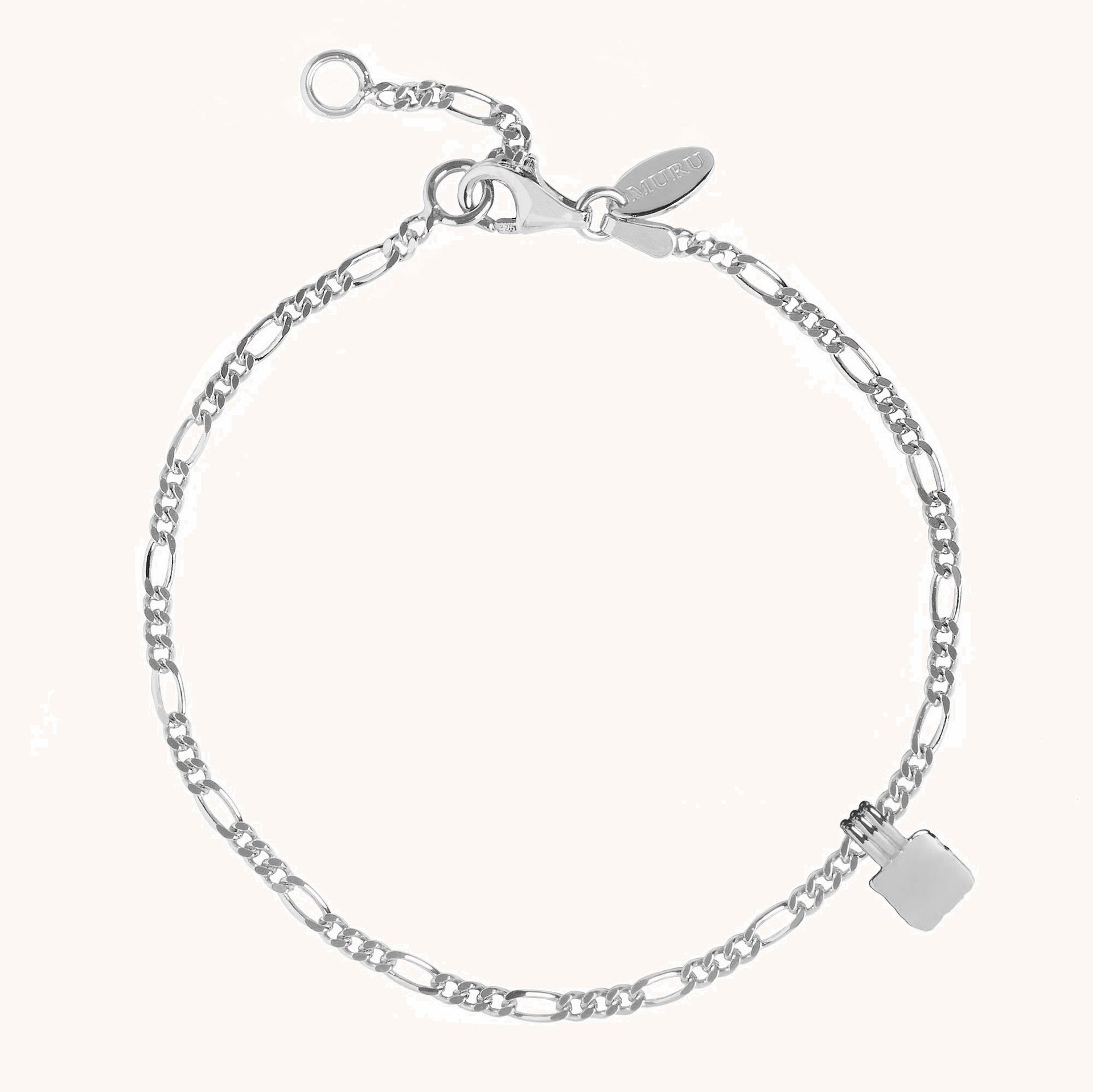 Initial Square Charm Figaro Chain Bracelet Silver