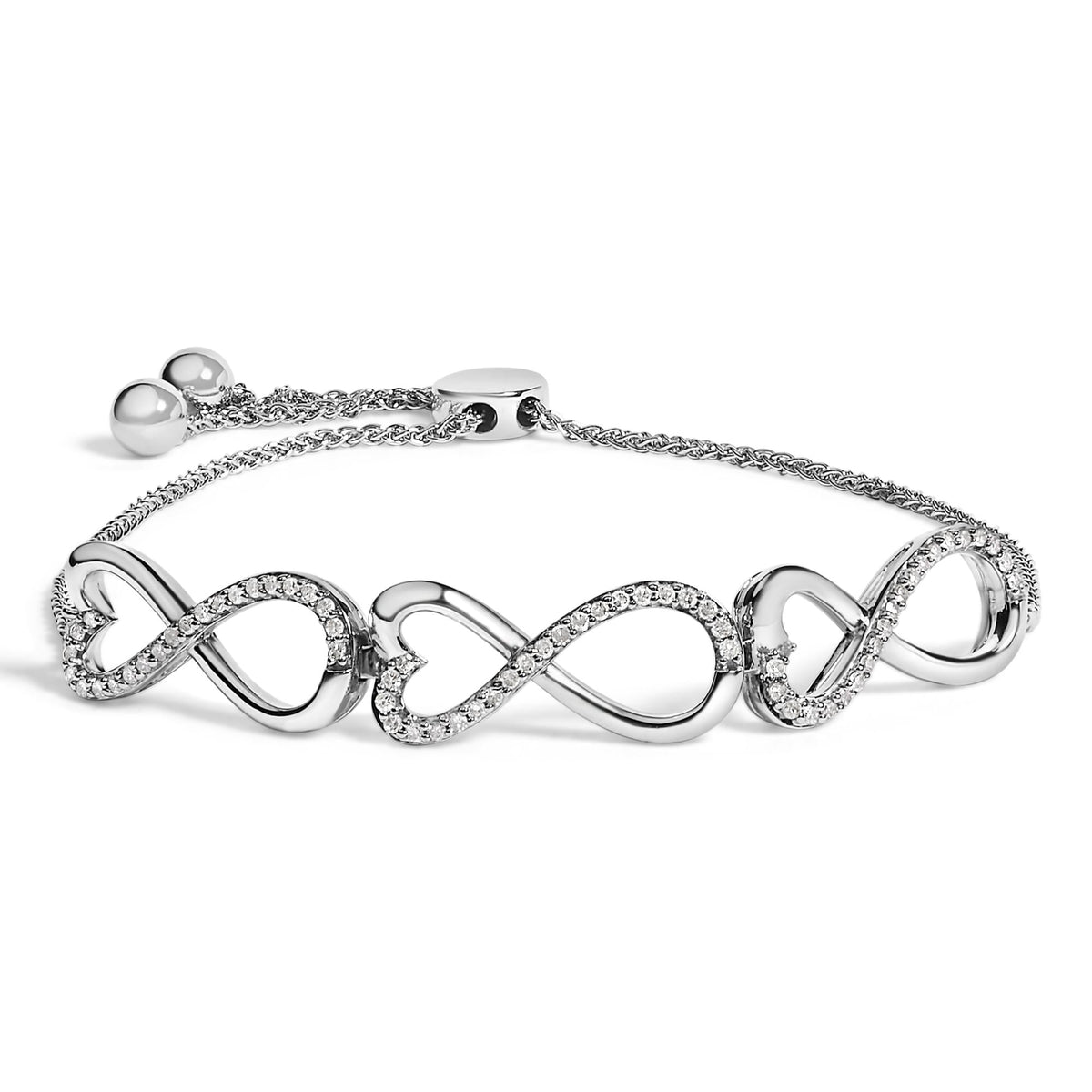 Sterling Silver 1/3 Cttw Diamond Infinity Heart Link Adjustable Bolo Bracelet