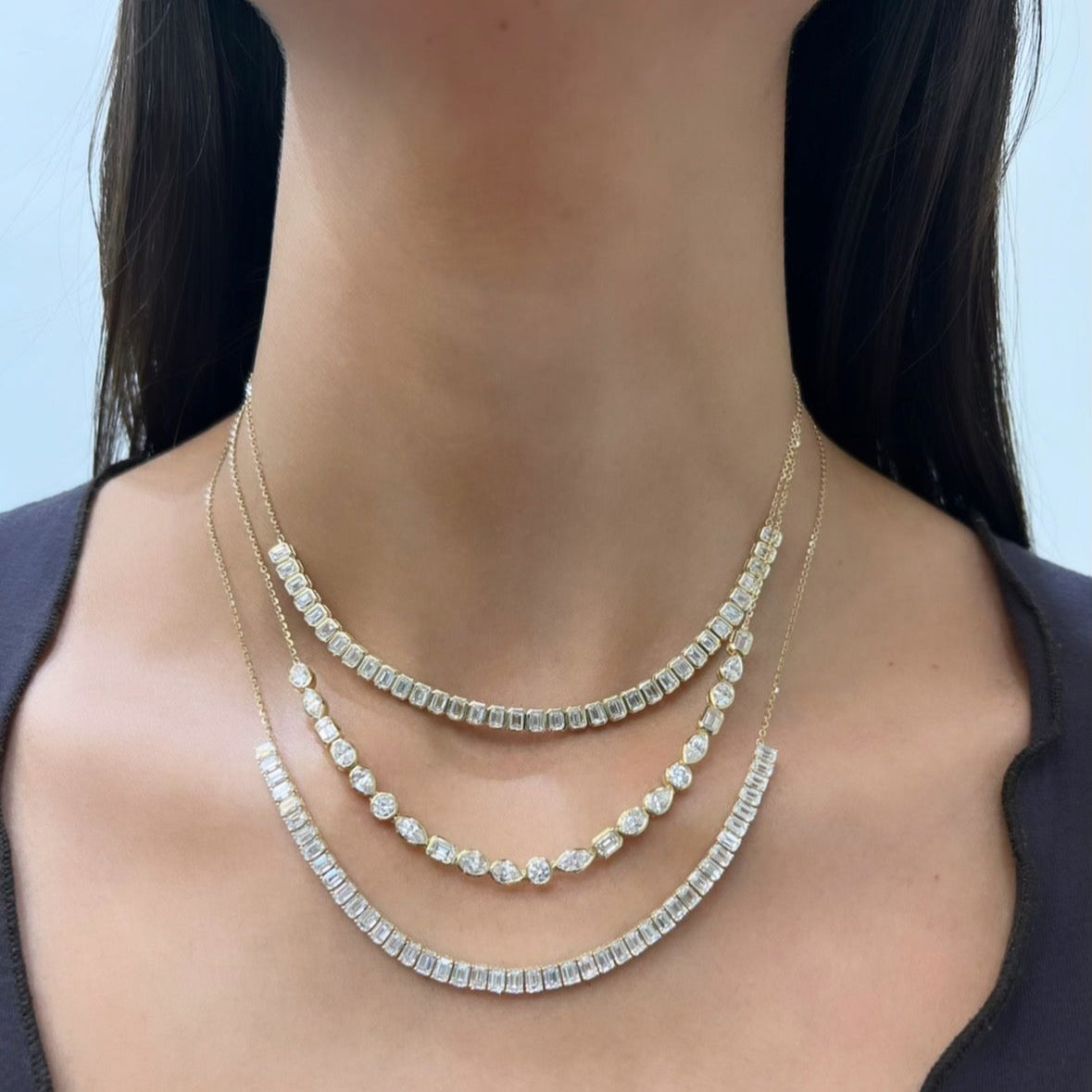 Bezel Emerald Cut Lab Diamond Half Tennis Necklace