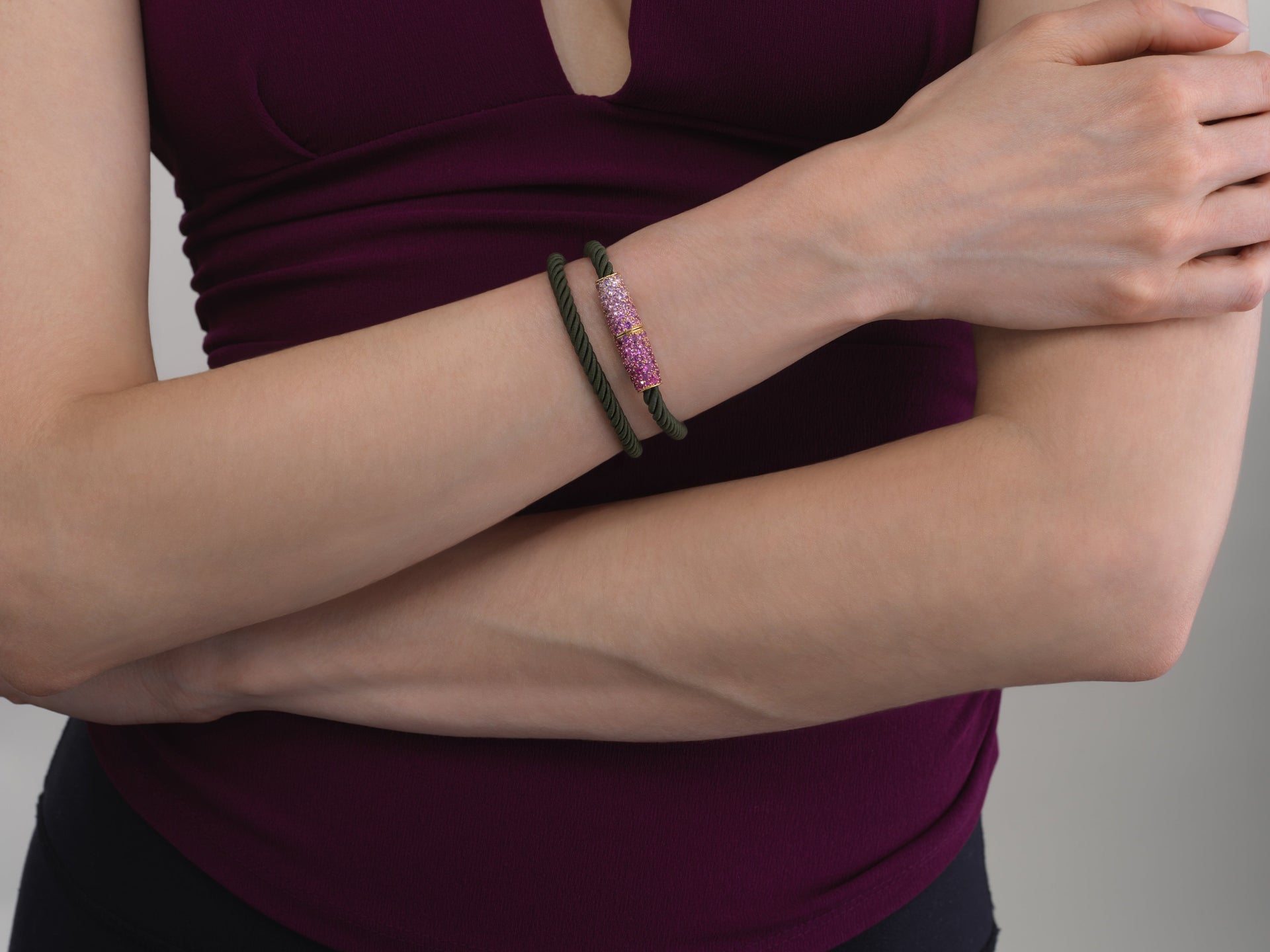 Silk Wrap Bracelet - Pink Sapphire, Green Silk
