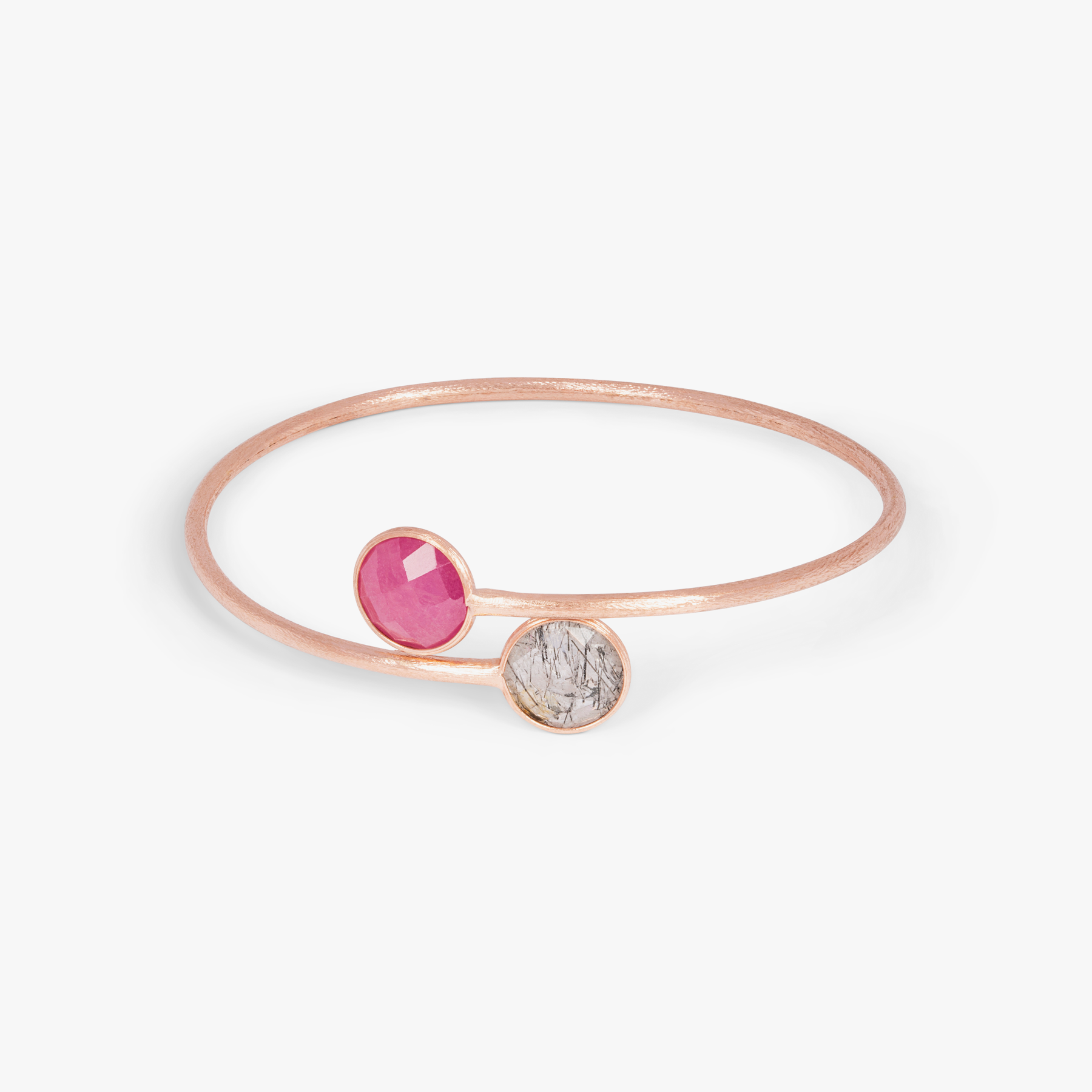 Kensington Bangle In 14K Satin Rose Gold with Black Rutilated Quartz and Ruby Root
