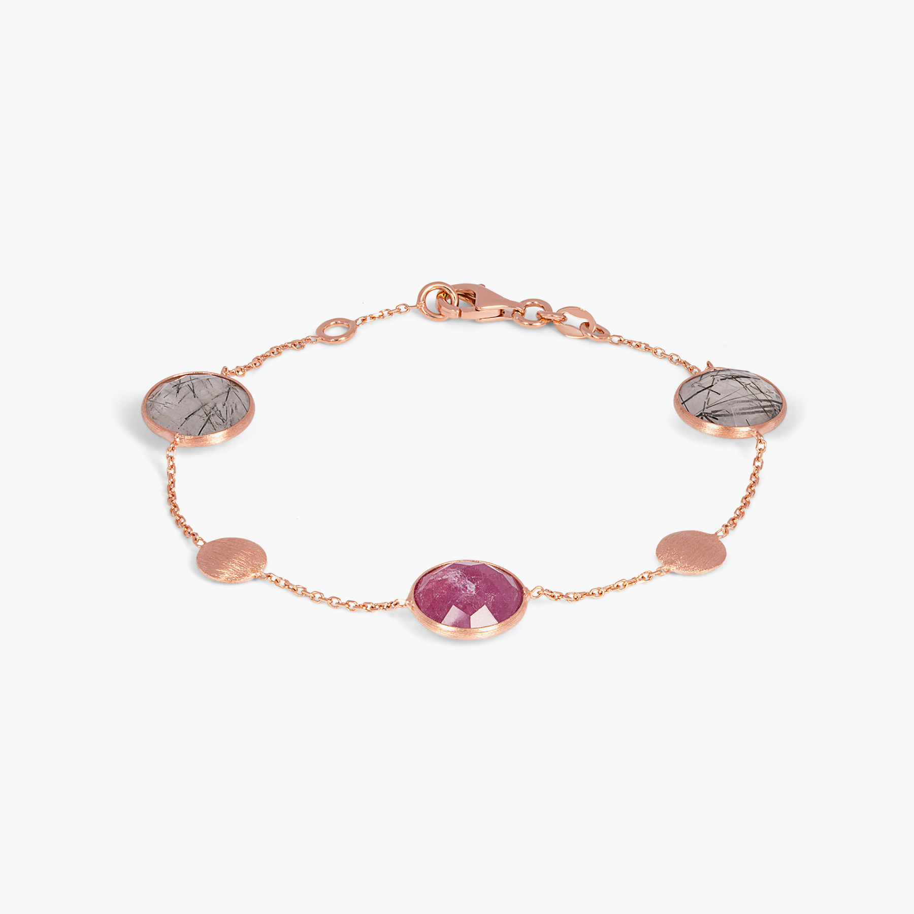 Kensington Bracelet In 14K Statin Rose Gold with Black Rutilated Quartz and Ruby
