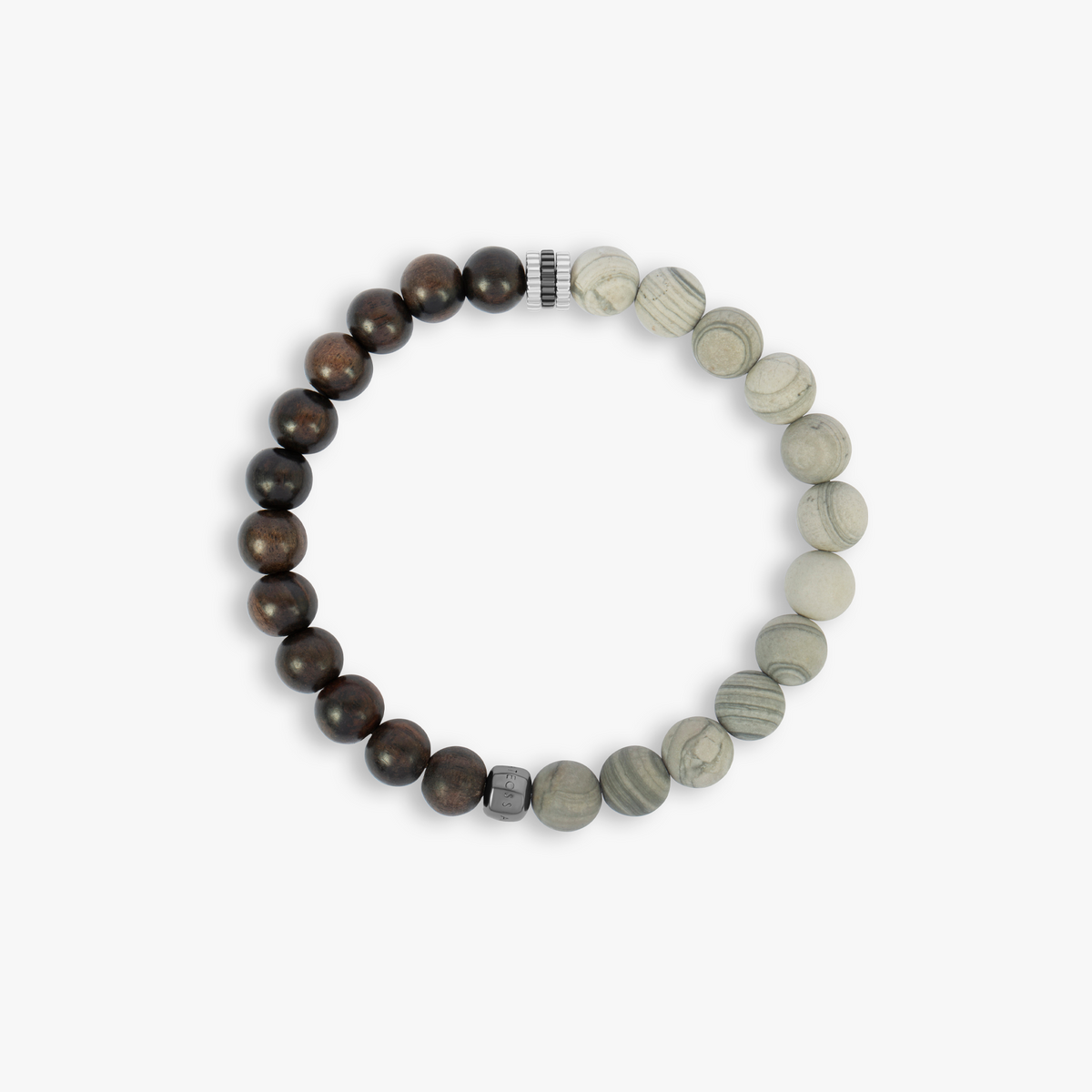 Gear Trio Beaded Bracelet In Rhodium Plated Silver With Ebony & Grey Wood Jasper