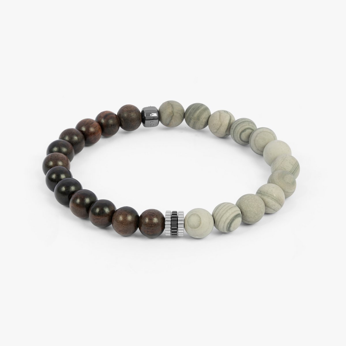 Gear Trio Beaded Bracelet In Rhodium Plated Silver With Ebony & Grey Wood Jasper
