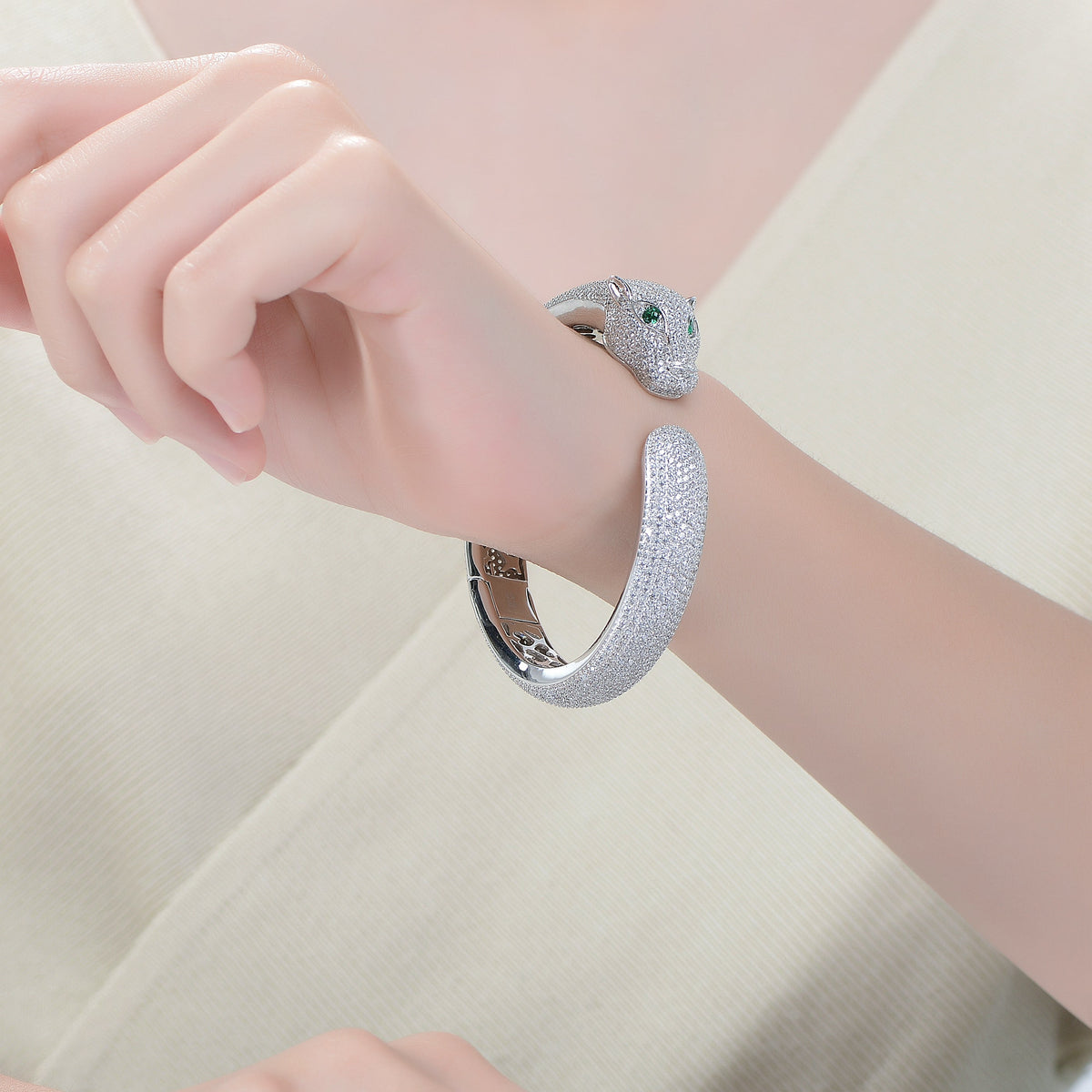 Simone Hinged Open Cuff Panther Bangle Bracelet
