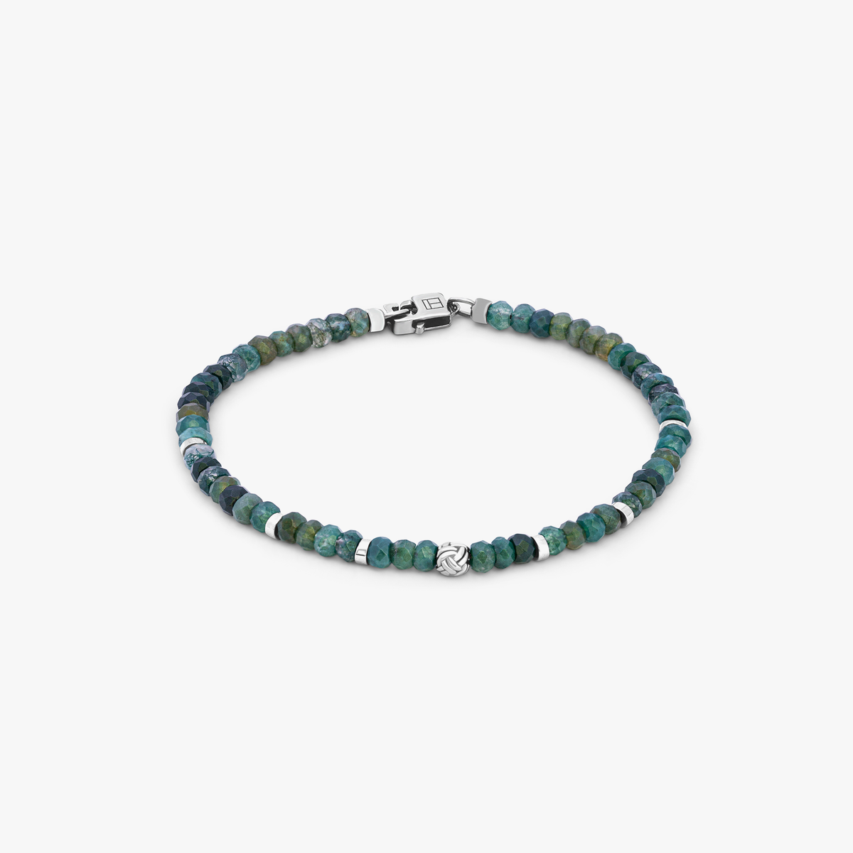 Nodo Beaded Bracelet With Rhodium Silver In Green Moss Agate