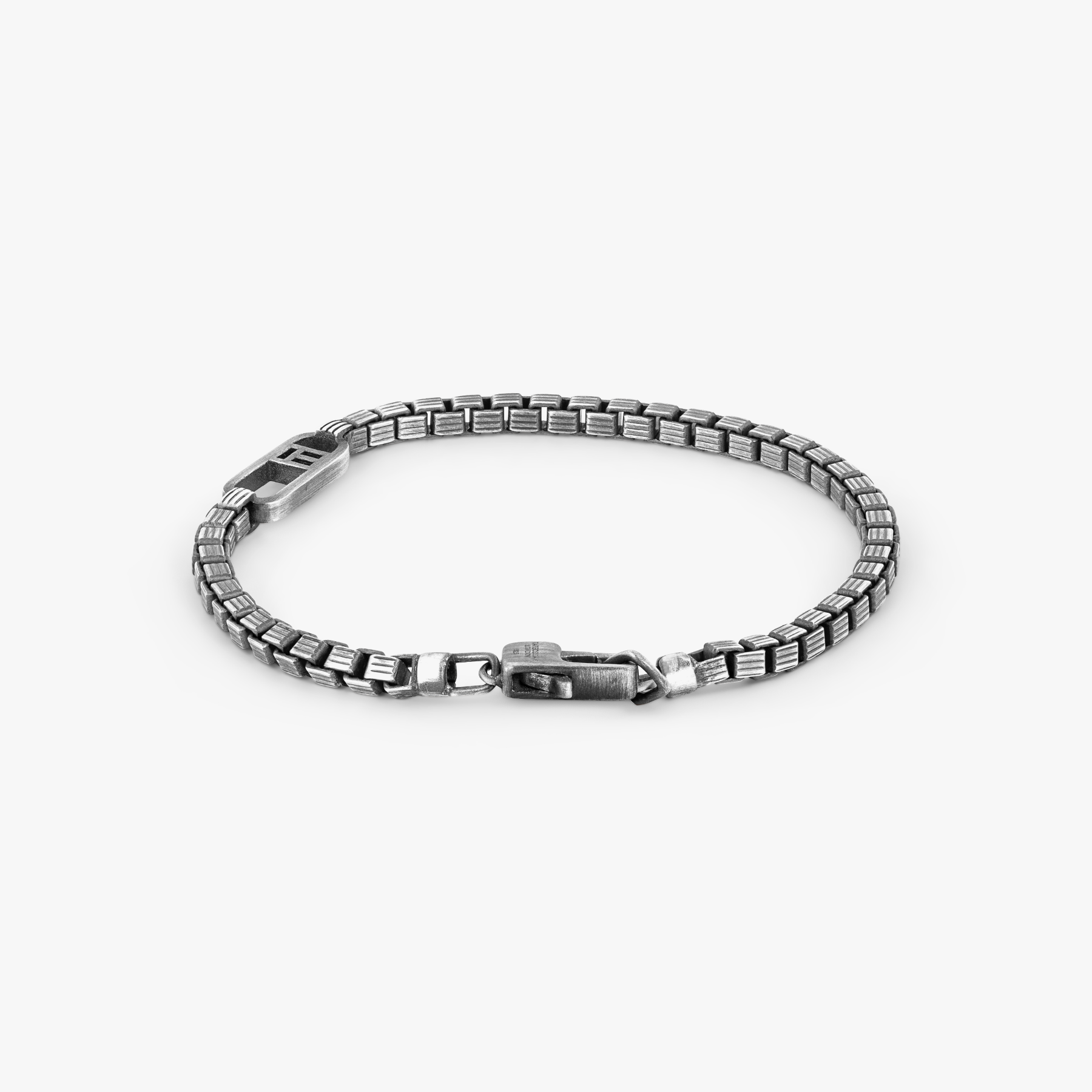 Catena Signifier Trigato Box Chain Bracelet in Oxidised Plated Silver with 'T' Logo