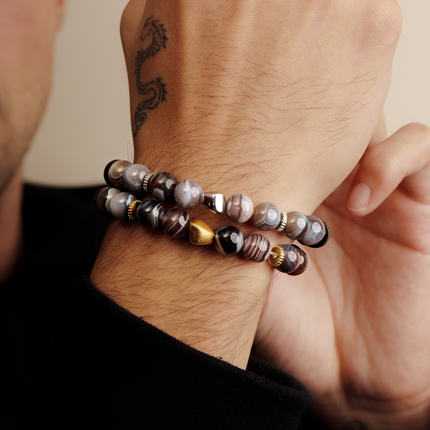 Maxi Nugget Beaded Bracelet in Yellow Gold Plated Silver with Multicolour Botswana Agate