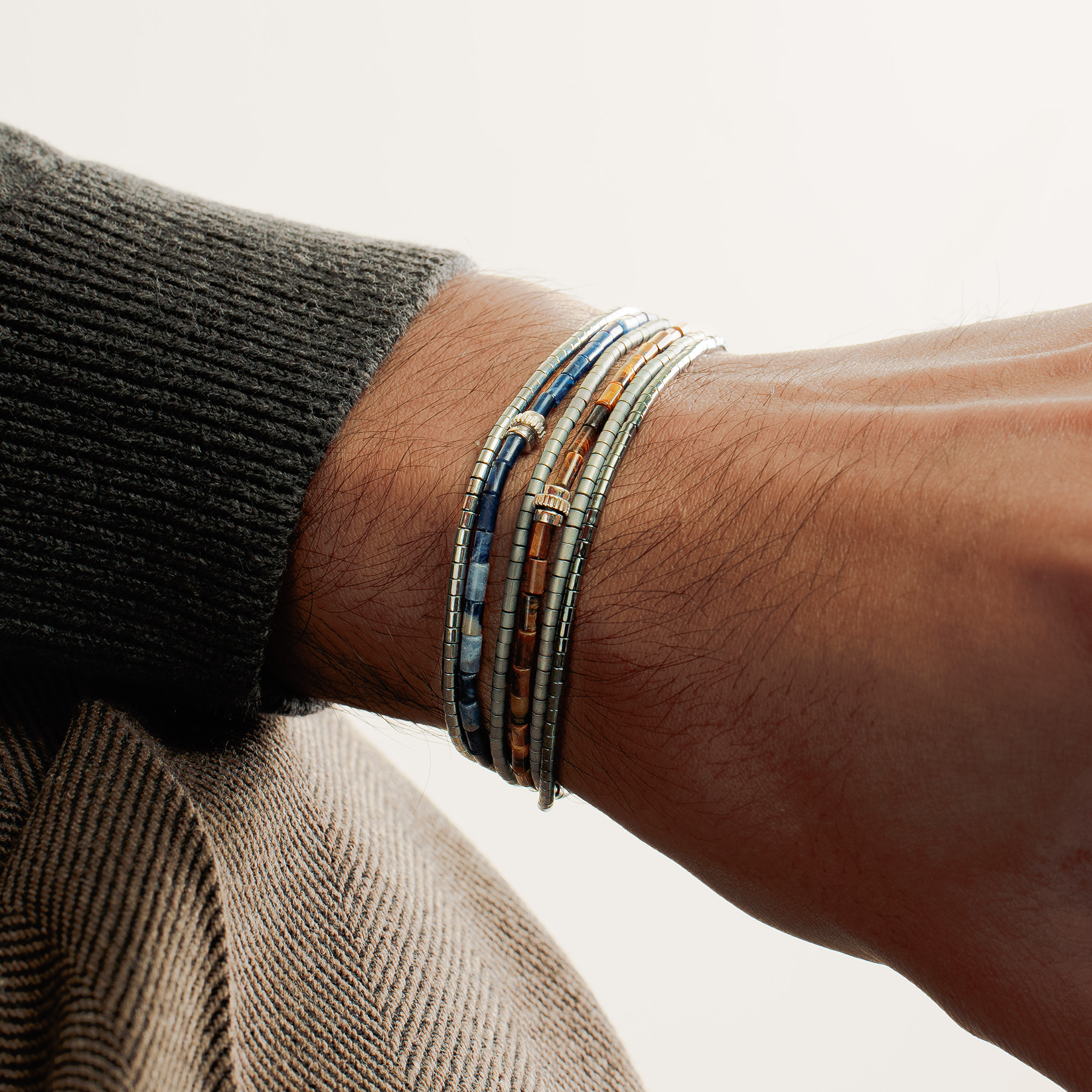 Navaho Triple Wrap Beaded Bracelet in Rhodium Plated Silver with Sodalite and Hematite