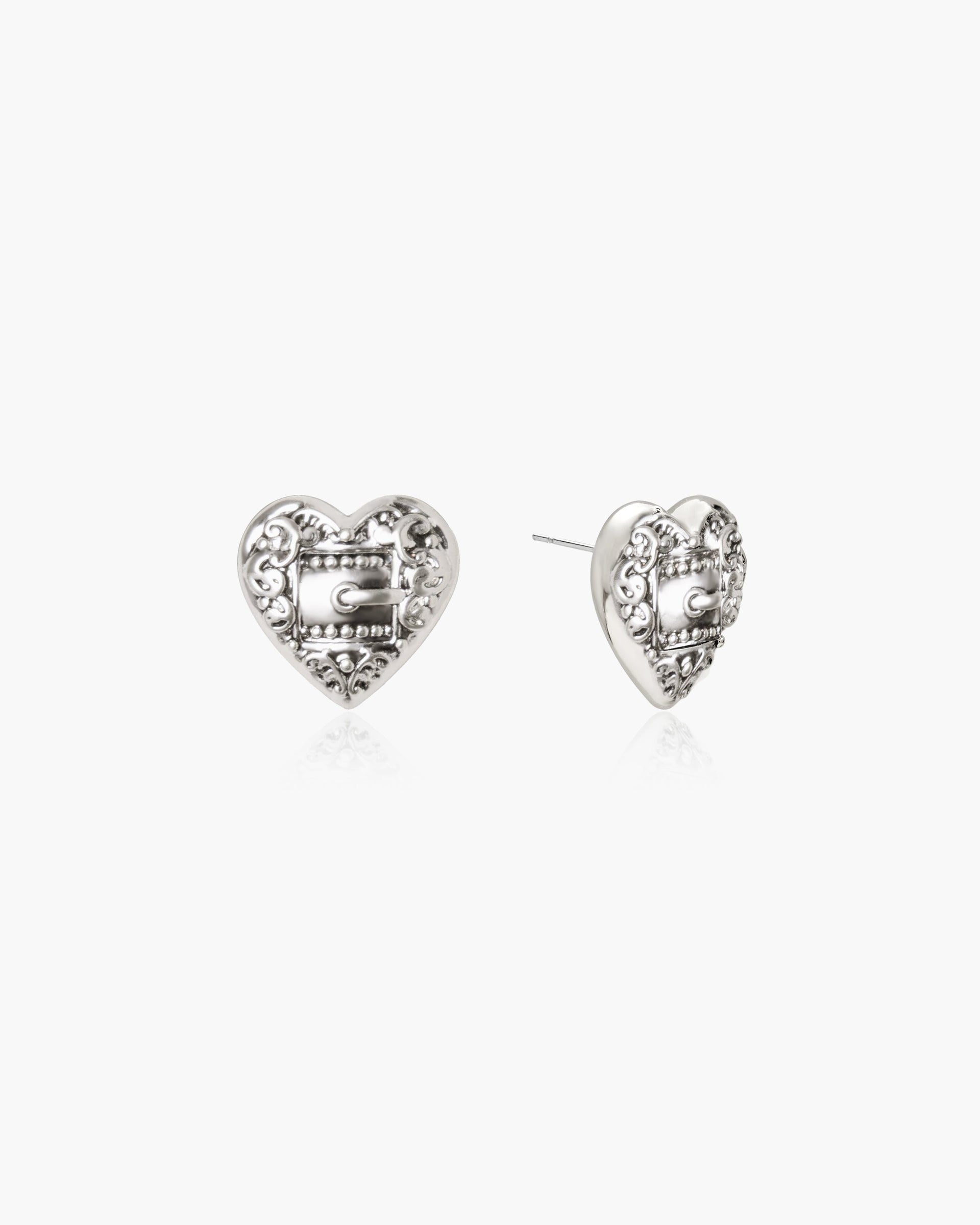 Belted Heart Stud Earrings in Silver
