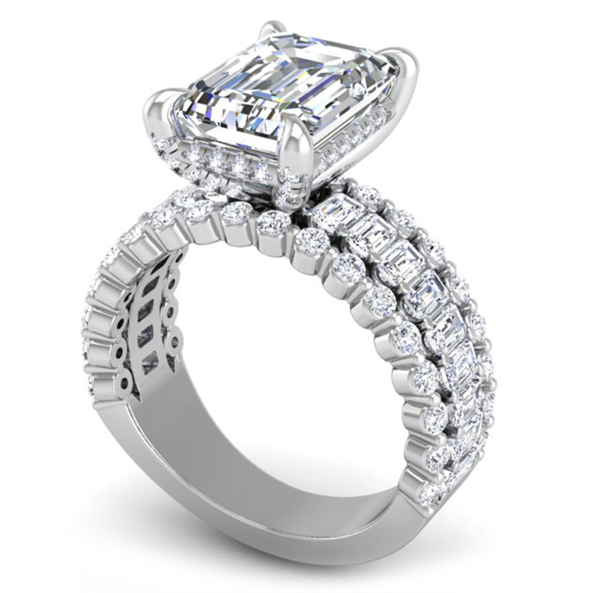 Tualatin Emerald Cut Center Three Row Diamond Engagement Ring