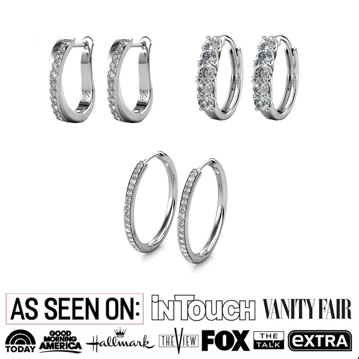 Bianca, Bethany, Amaya 18k White Gold Plated Hoop Earrings with Swarovski Crystals (3 Pair Set)
