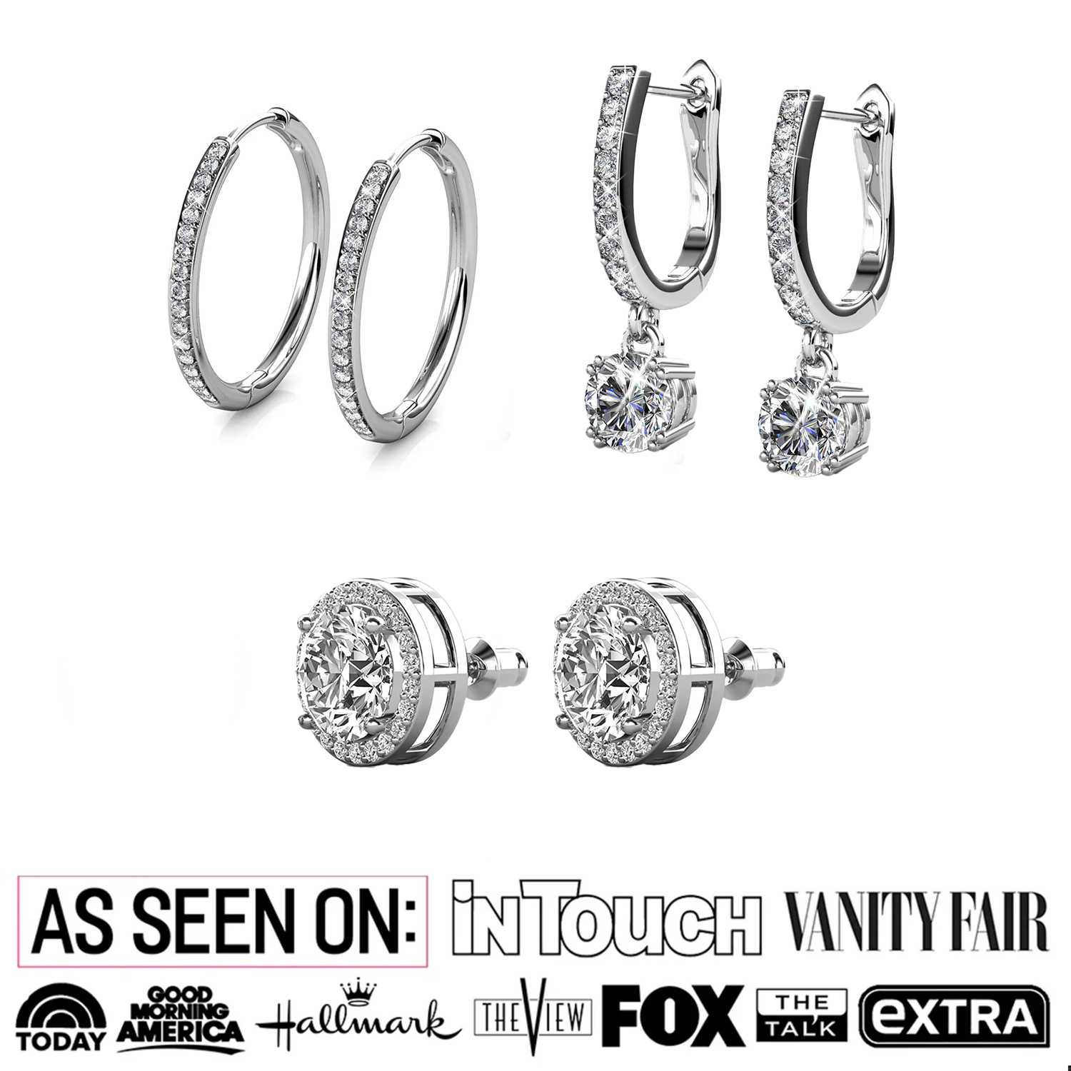 Cate & Chloe Earrings Pack of 3 - Bianca, McKenzie, Ariel 18k White Gold Plated Earrings