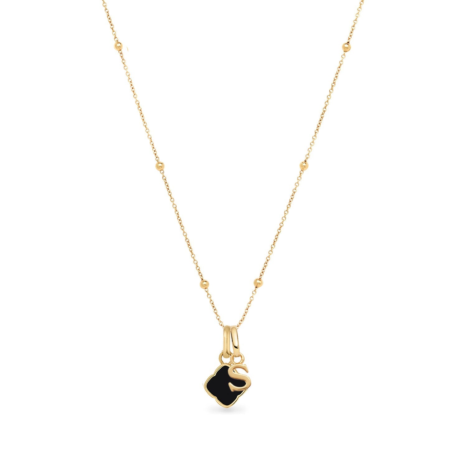 Black Enamel Clover & Initial Necklace (Gold)