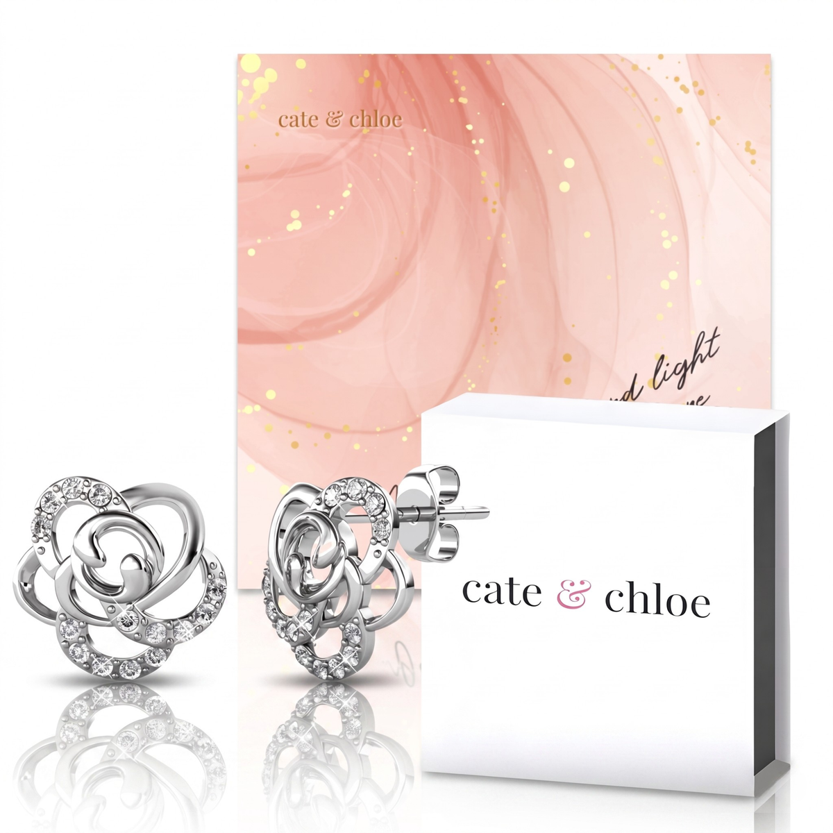 Briella 18k White Gold Plated Flower Stud Earrings & Kindness and Light Pink Paint Card