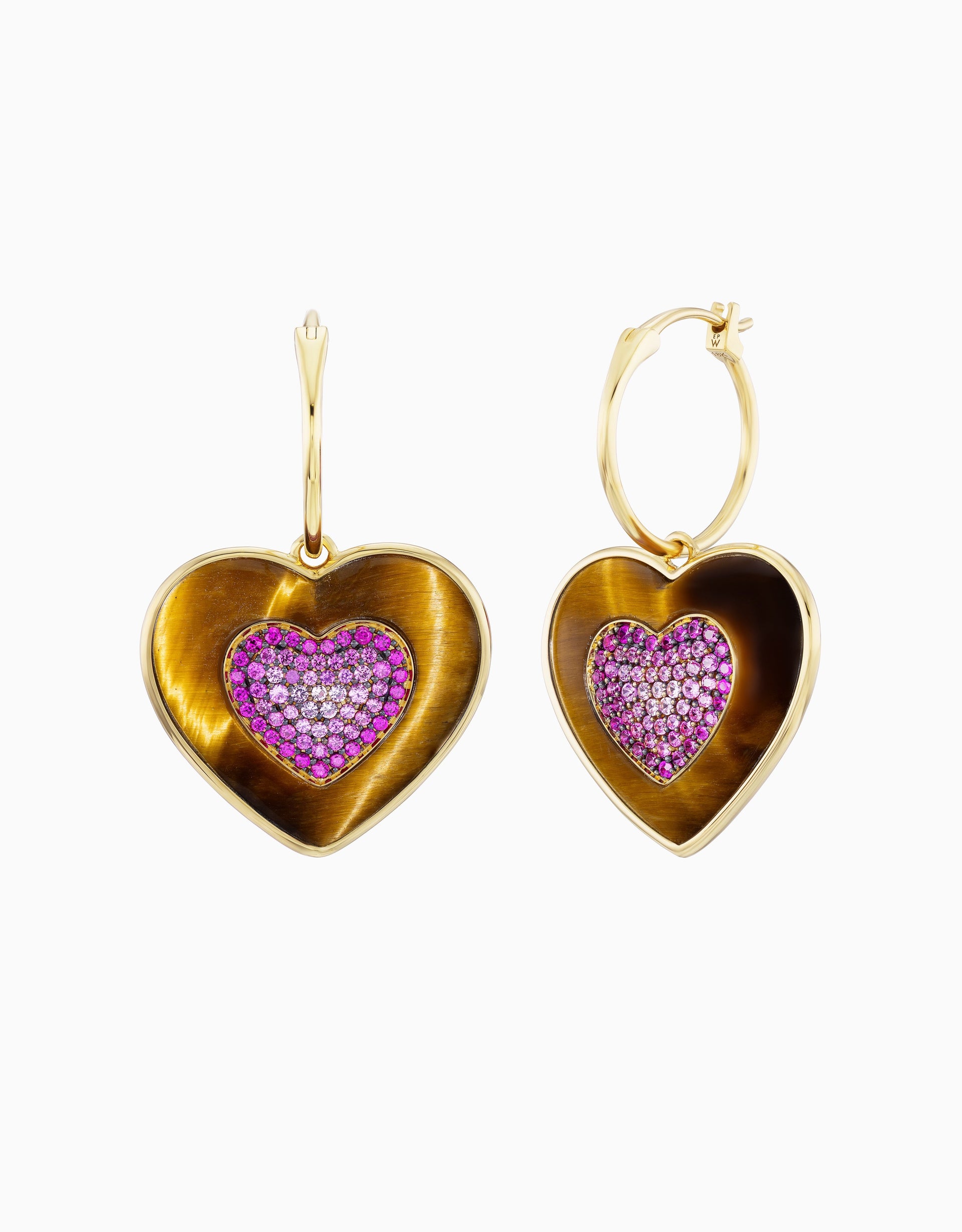 Rock Heart Earring - Pink Sapphire, Tiger's Eye
