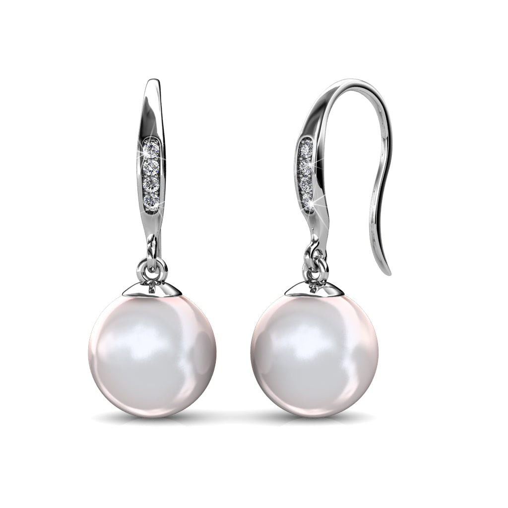 Betty 18k White Gold Plated Shell Pearl Drop Dangle Earrings with Swarovski Crystals