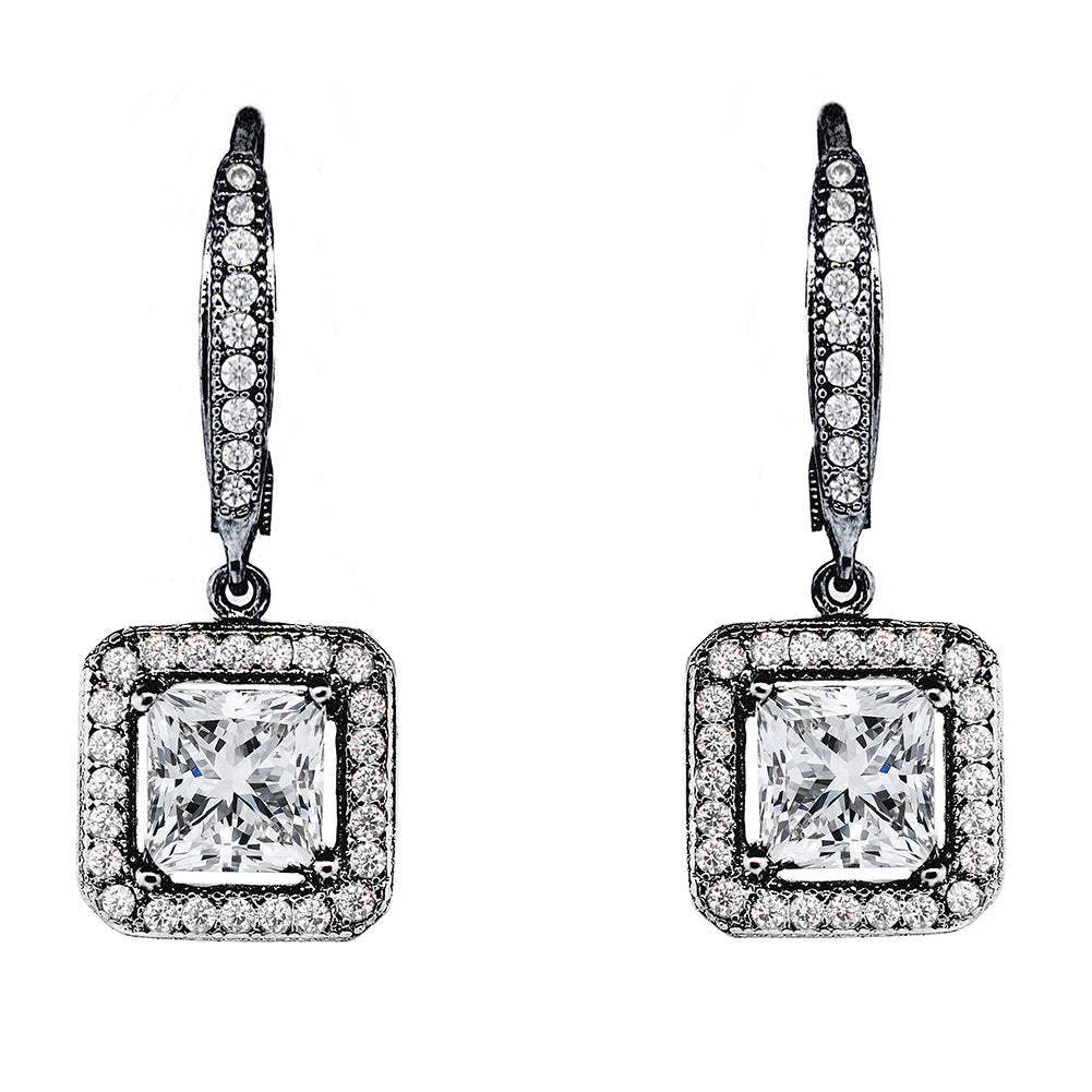 Ivy 18k White Gold Plated Halo Dangle Earrings with Princess Cut Simulated Diamond Crystals - Final Sale