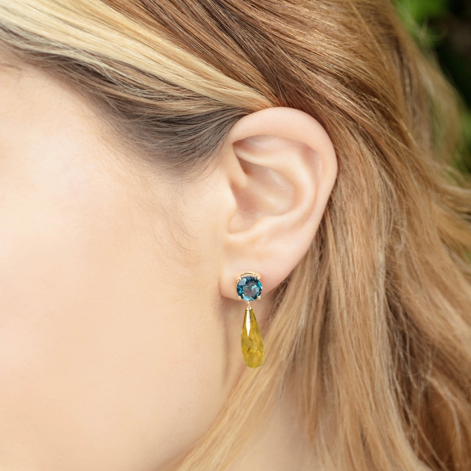 Teal Topaz & Citrine Gold Drop Earrings