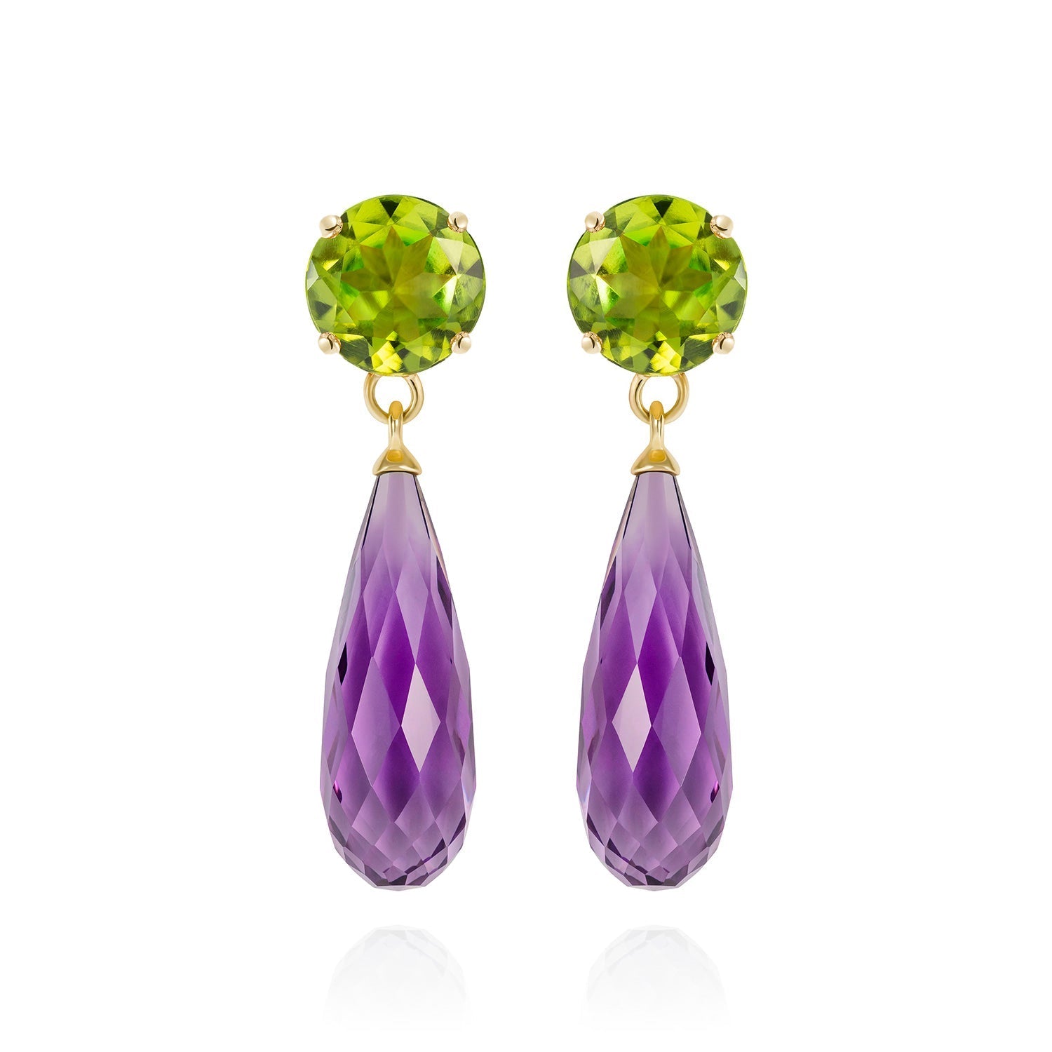 Purple Amethyst & Peridot Gold Drop Earrings