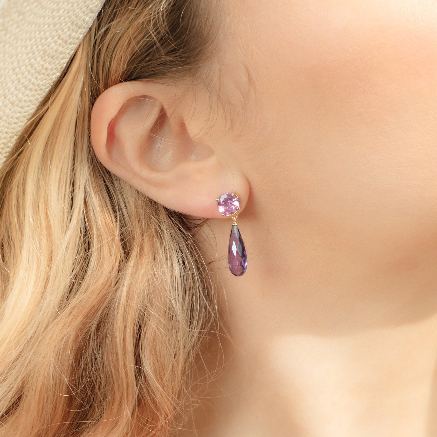 Purple Amethyst & Pink Tourmaline Gold Drop Earrings