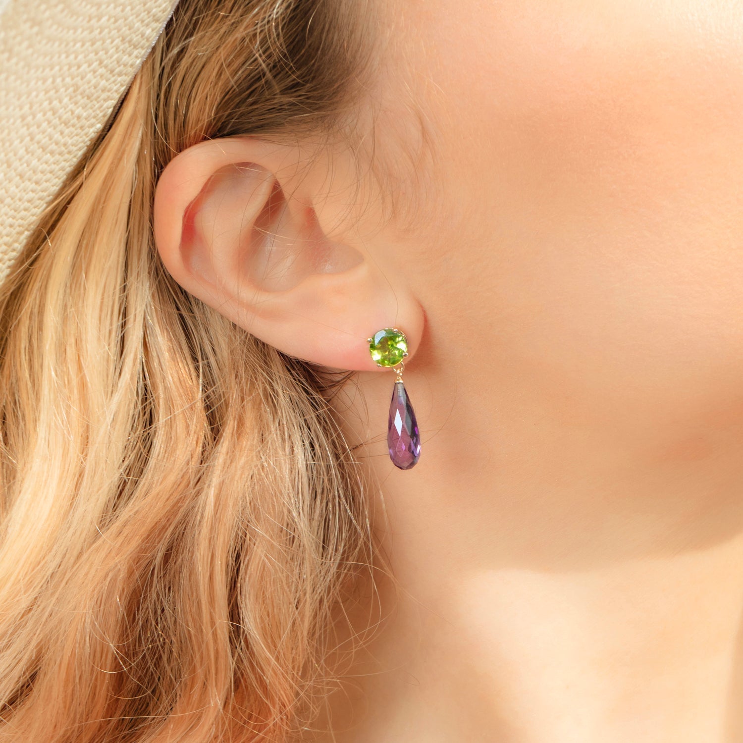 Purple Amethyst & Peridot Gold Drop Earrings