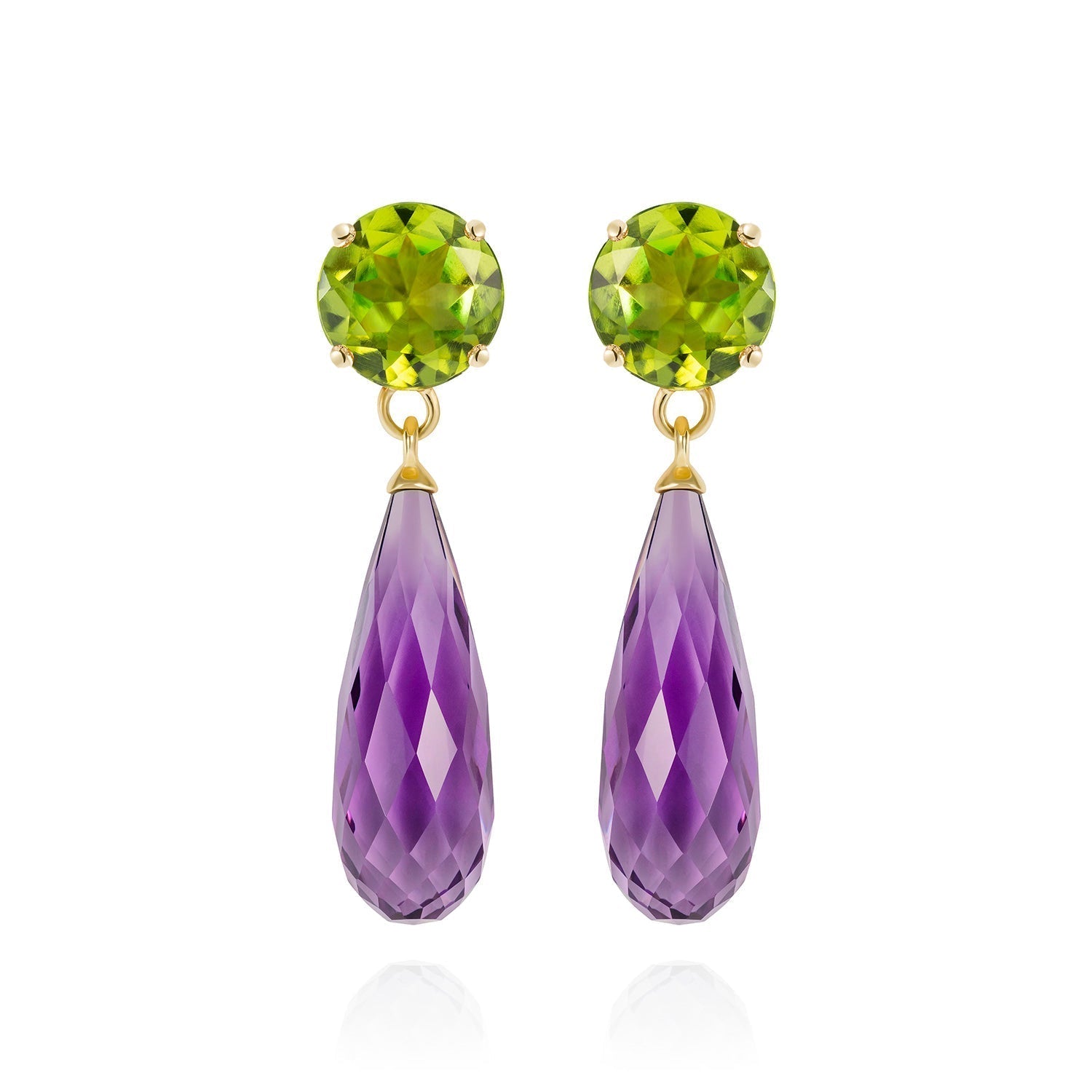 Purple Amethyst & Peridot Gold Drop Earrings