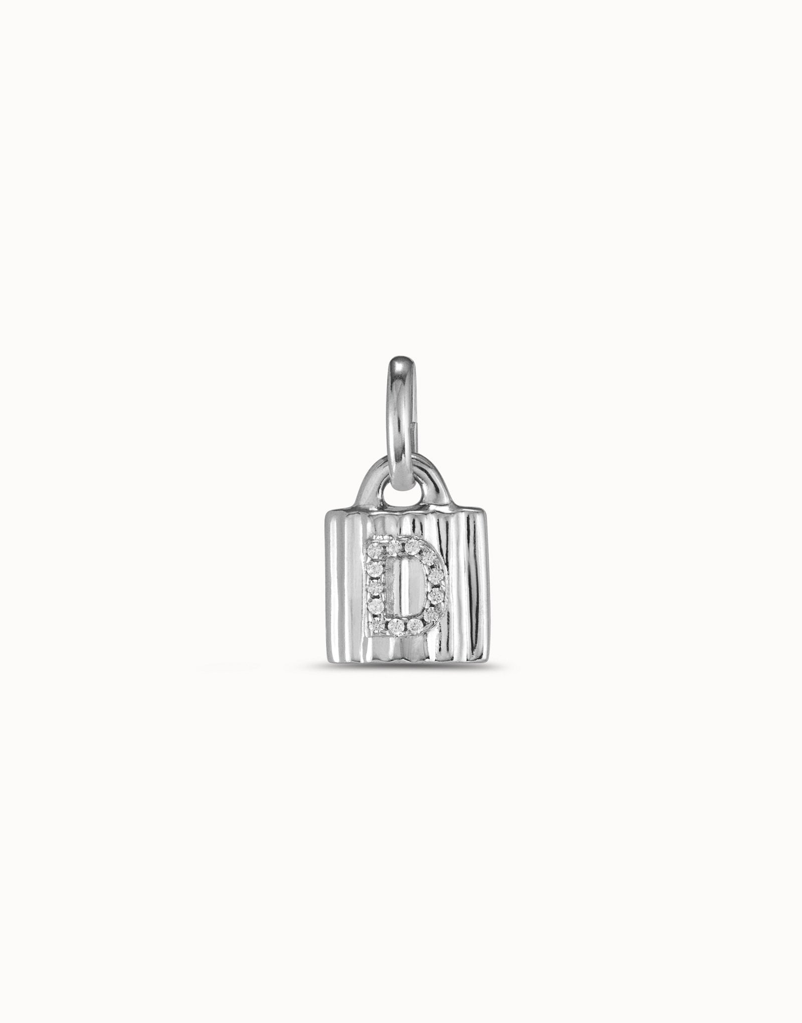 Sterling silver-plated padlock charm with topaz letter D