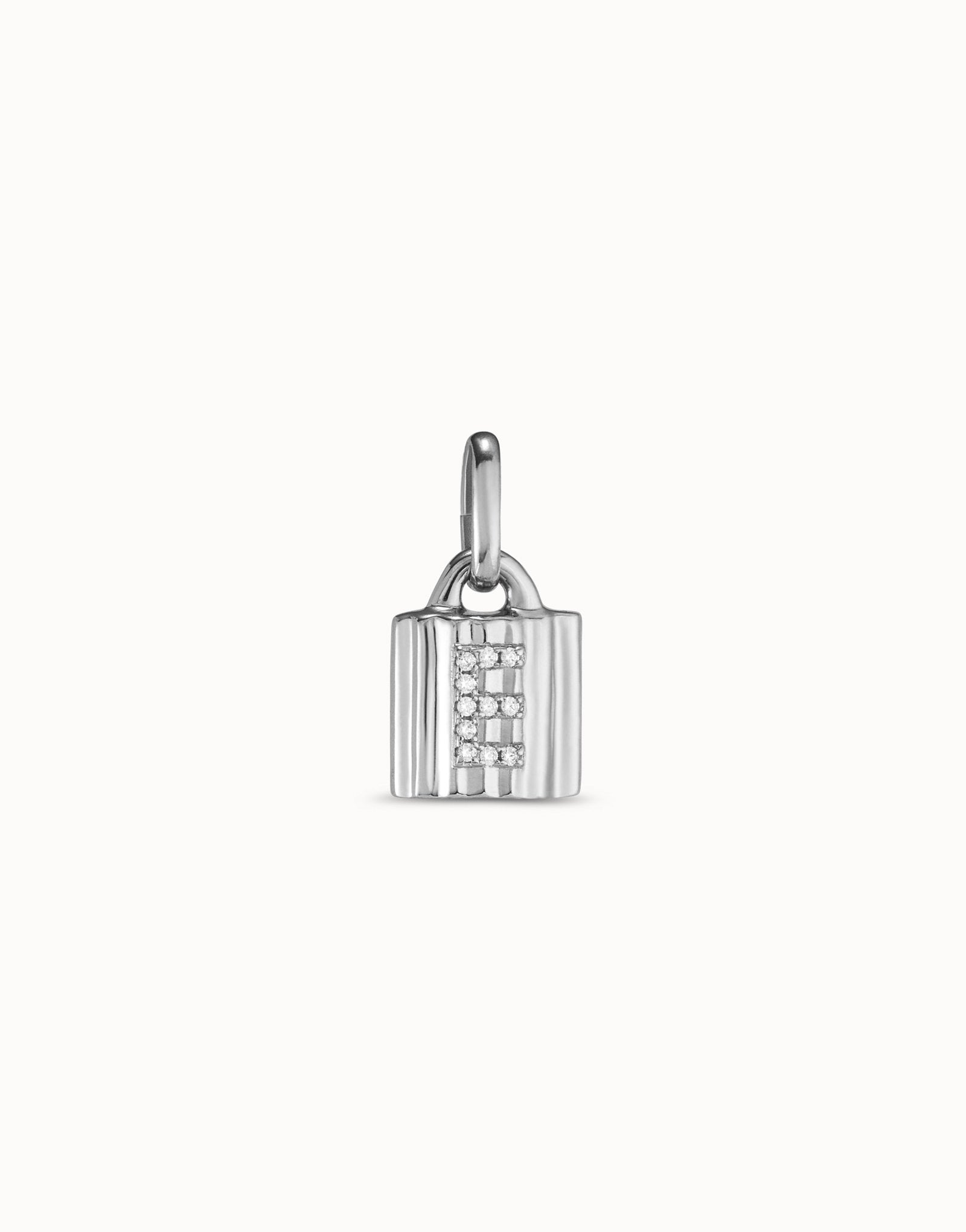Sterling silver-plated padlock charm with topaz letter E