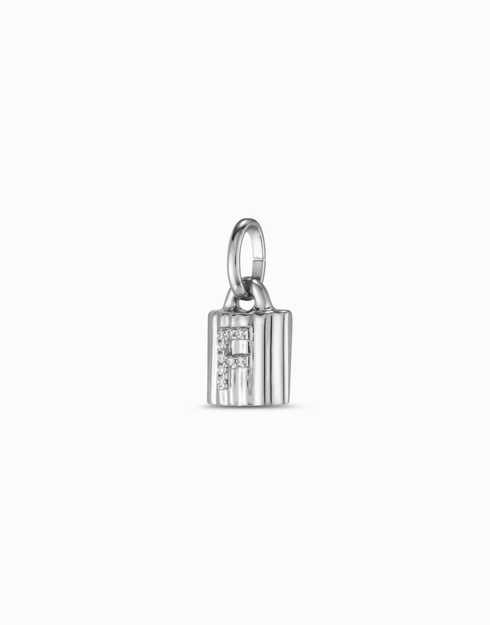 Sterling silver-plated padlock charm with topaz letter F