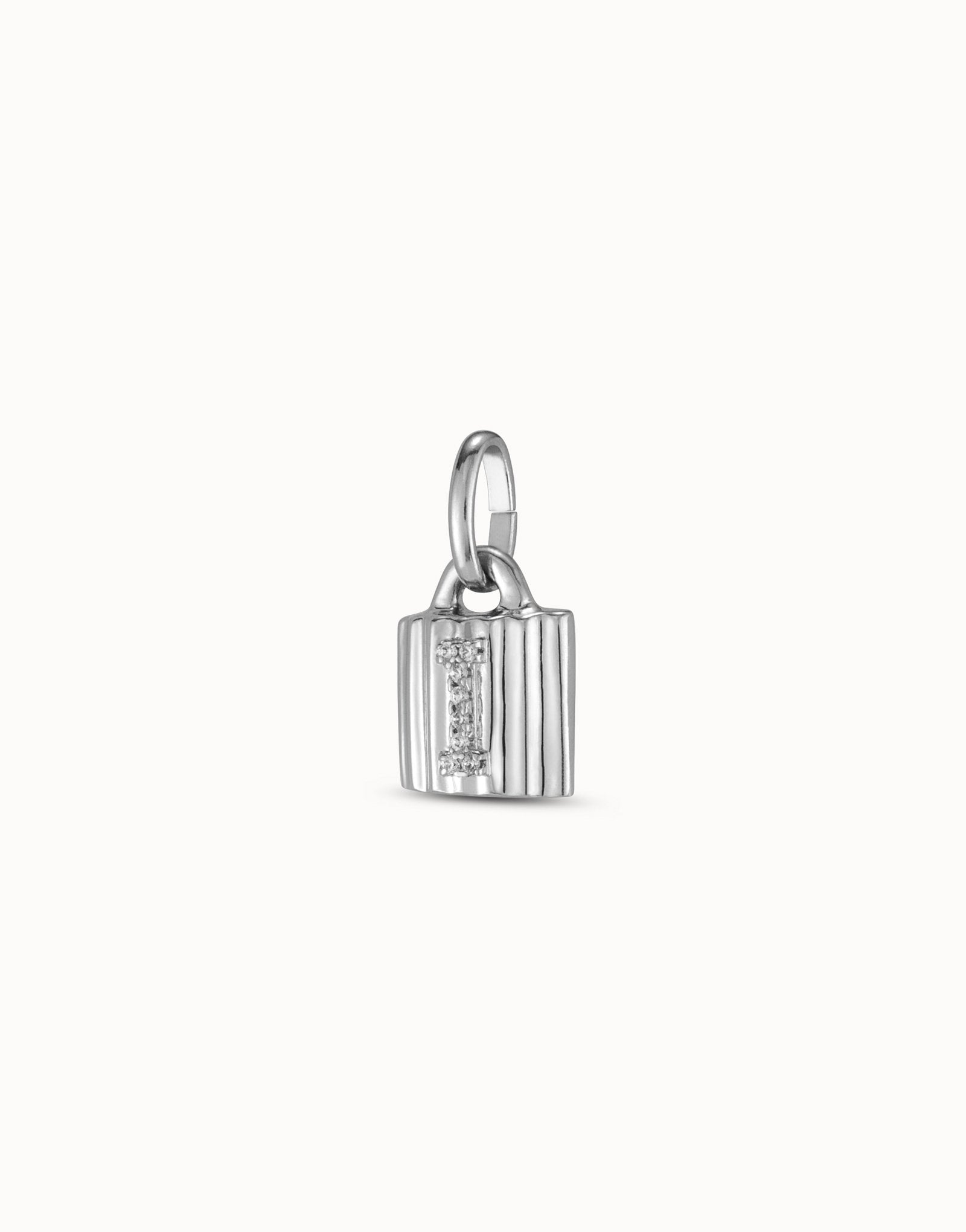 Sterling silver-plated padlock charm with topaz letter I