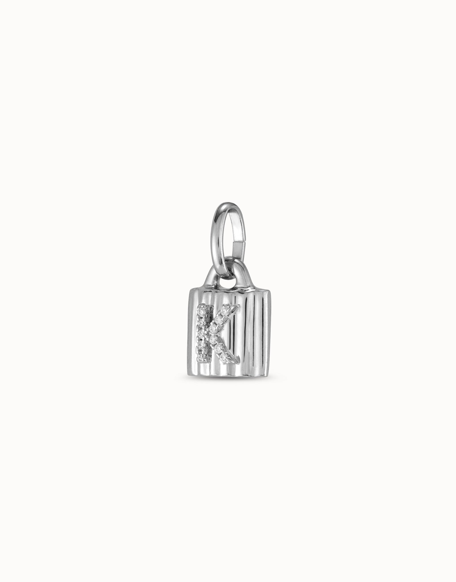 Sterling silver-plated padlock charm with topaz letter K