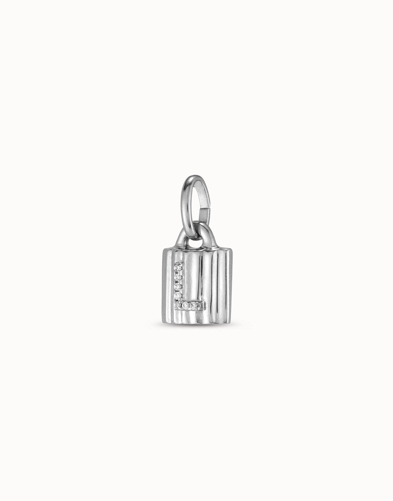 Sterling silver-plated padlock charm with topaz letter L
