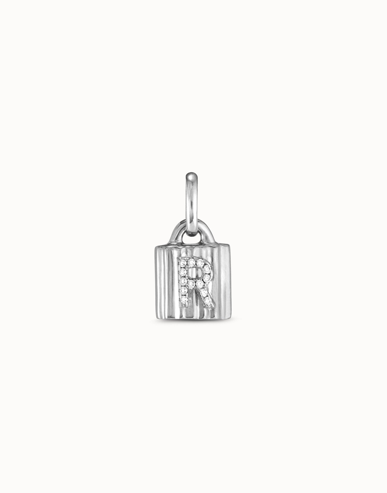 Sterling silver-plated padlock charm with topaz letter R