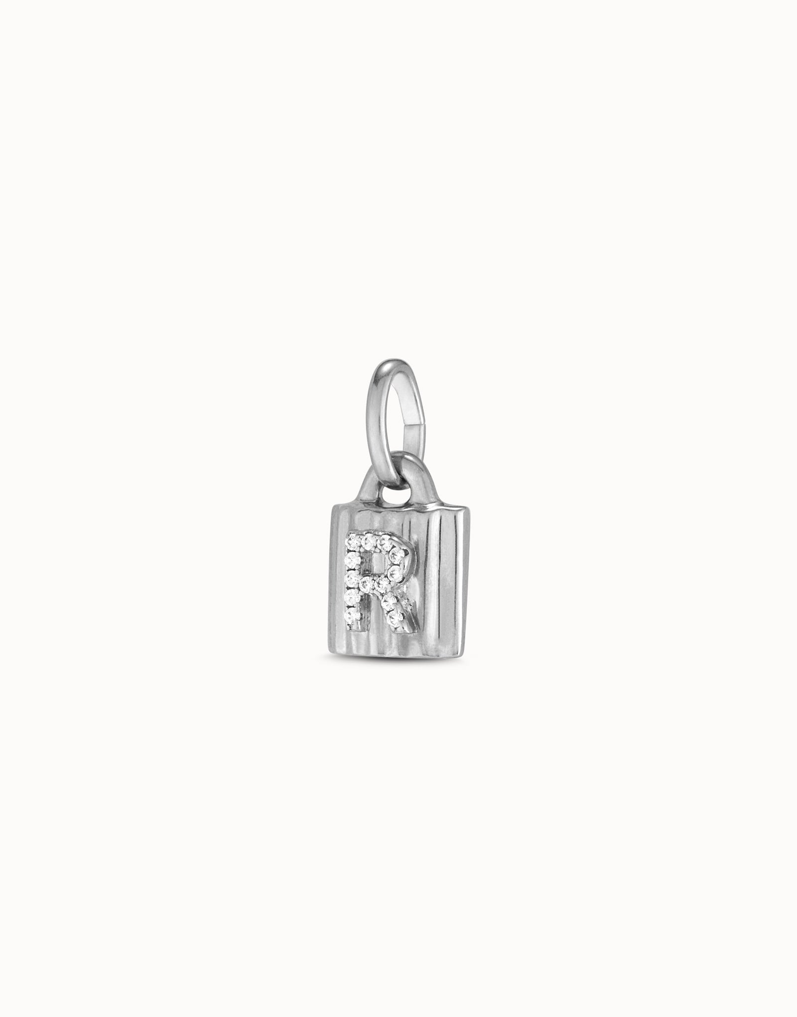 Sterling silver-plated padlock charm with topaz letter R