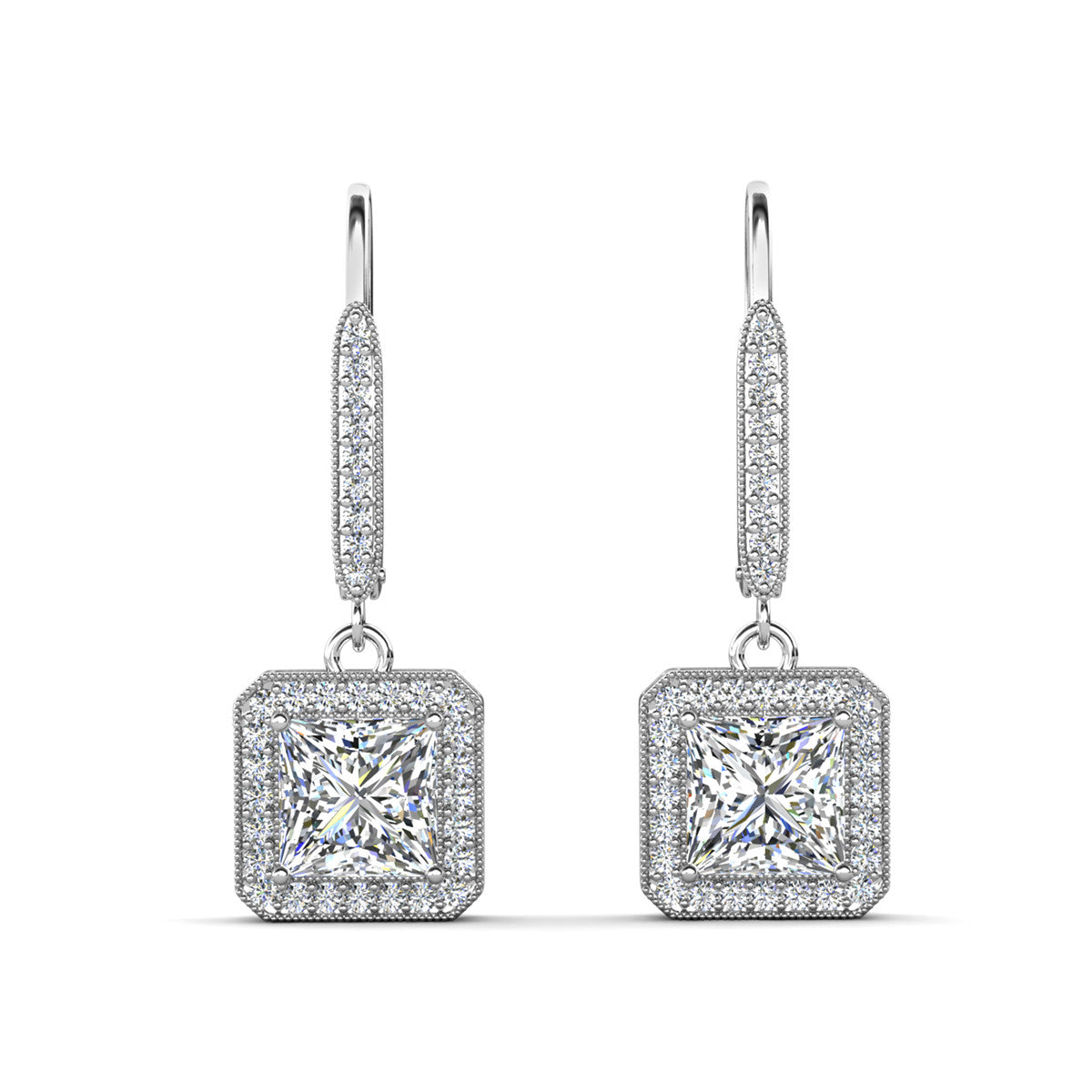 Ivy 18k White Gold Plated Halo Dangle Earrings with Princess Cut Simulated Diamond Crystals