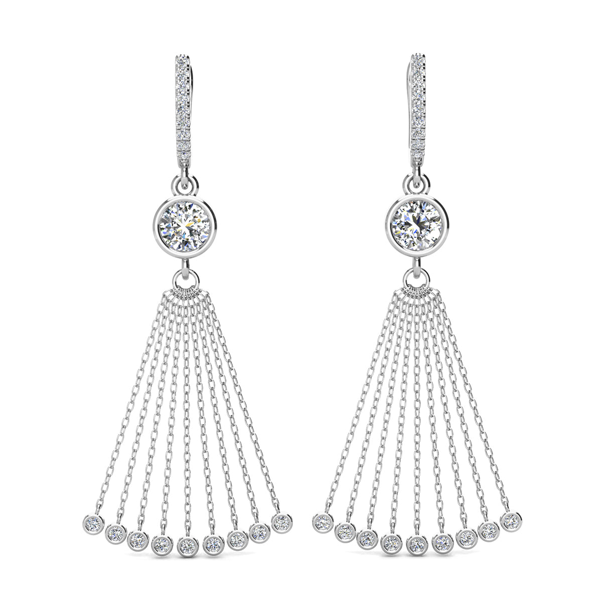 Jackie 18k White Gold Plated Dangle Tassel Earrings with Simulated Diamond Crystals