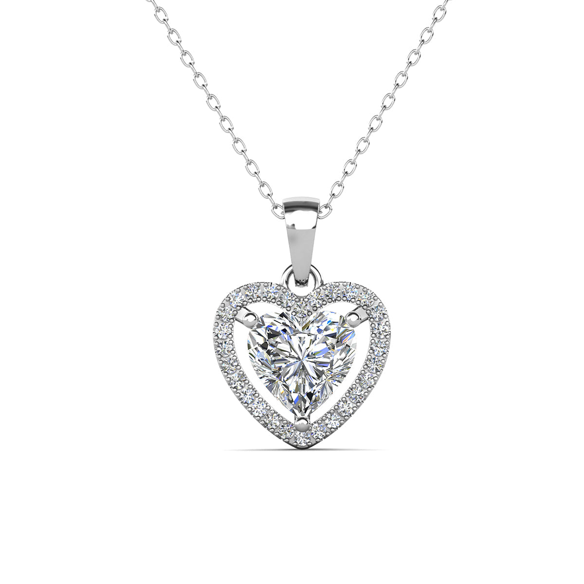 Amora 18k White Gold Plated Halo Heart Pendant Necklace with Simulated Diamond Crystals