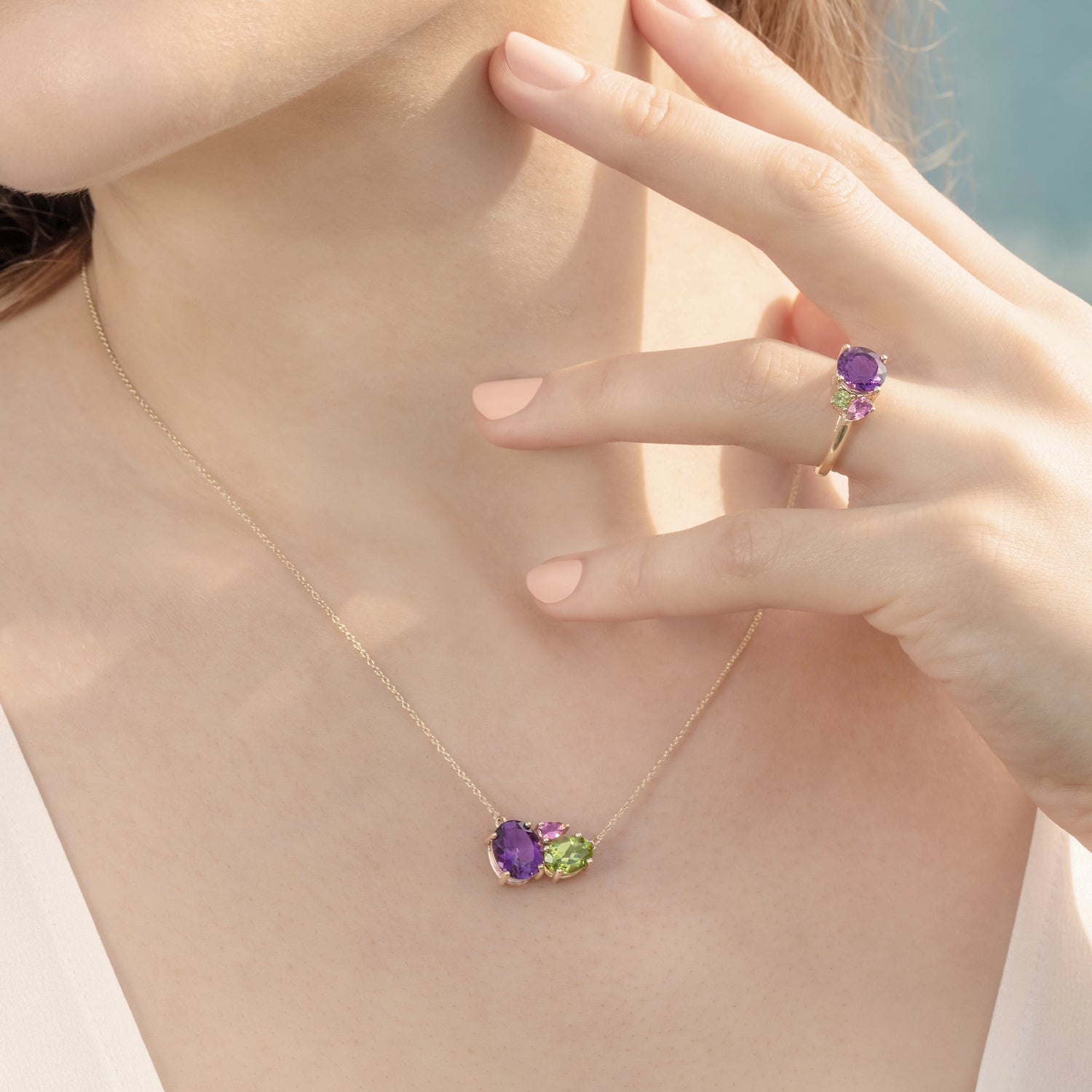 Purple Amethyst Gold Cluster Necklace