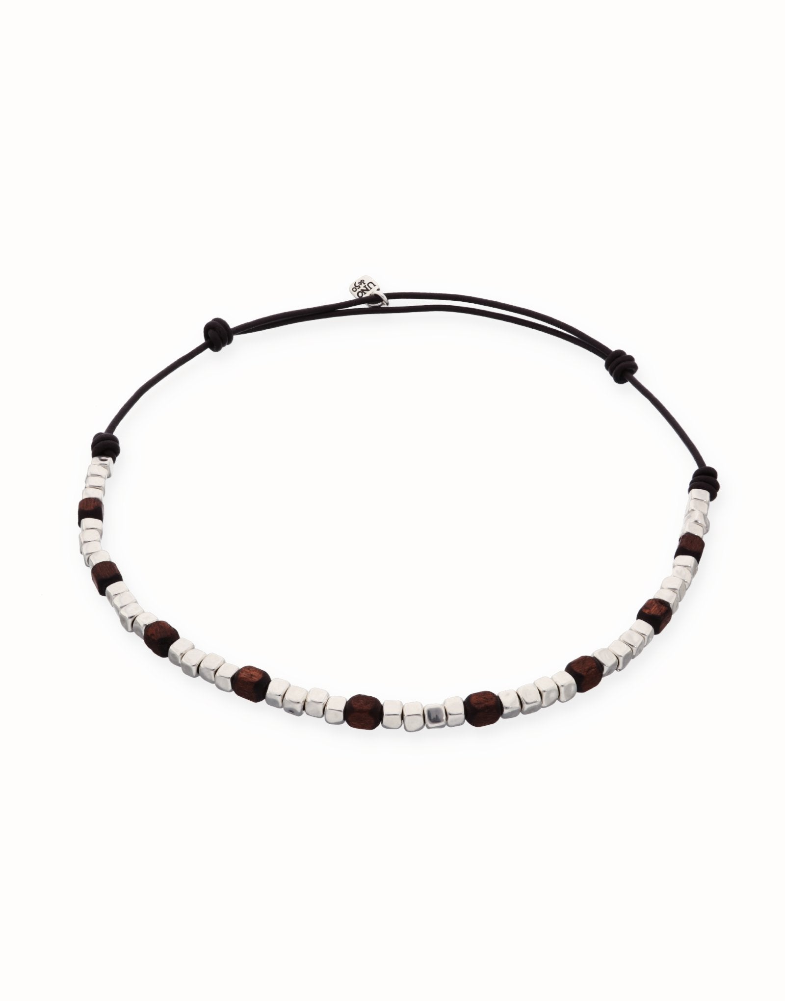 Leather necklace with silver and wooden beads