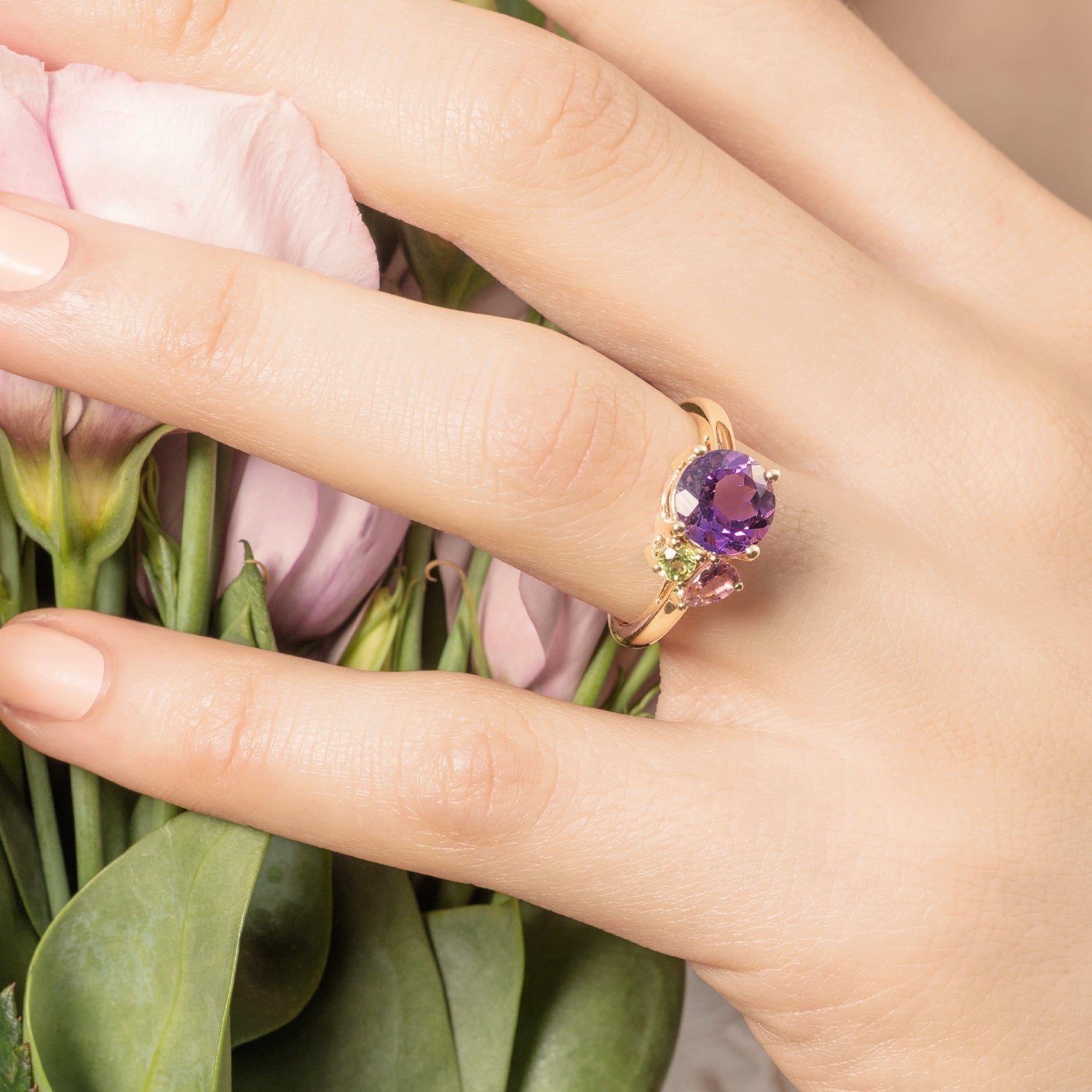 Purple Amethyst Gold Cluster Ring