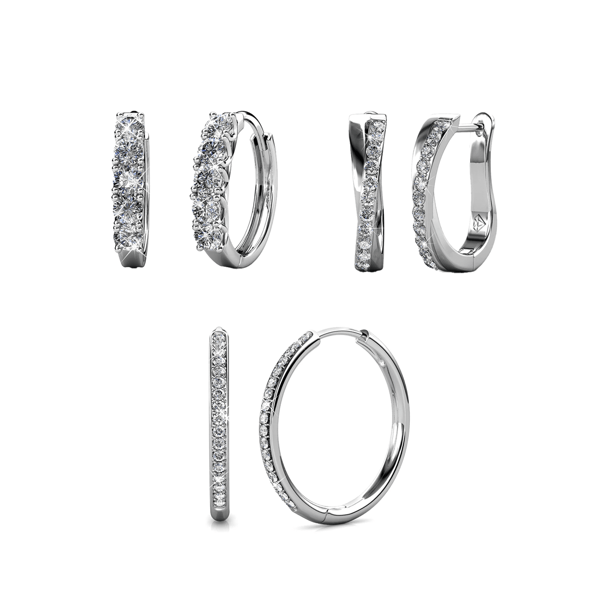 Bianca, Bethany, Amaya 18k White Gold Plated Hoop Earrings with Swarovski Crystals (3 Pair Set)