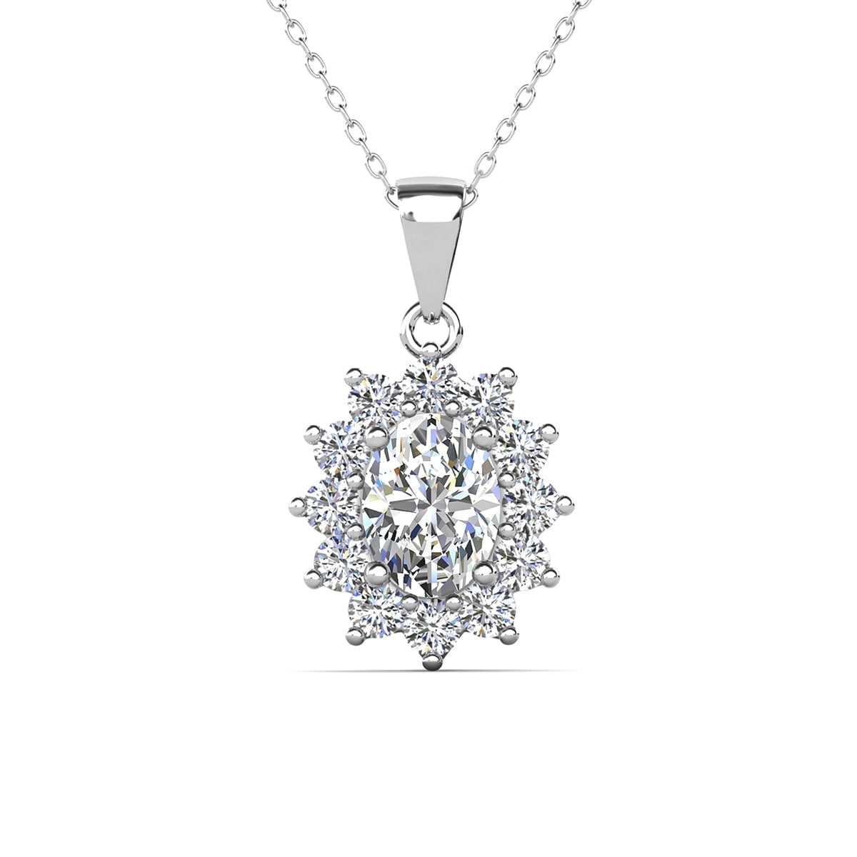 Sage 18k White Gold Plated Pendant Necklace with Oval Cut Simulated Diamond Crystals