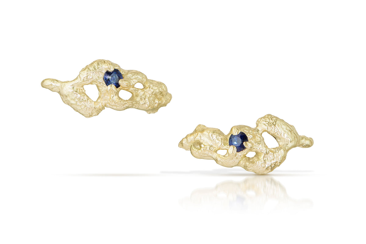 the central park shrubs stud earrings 14K fairmined gold with with blue sapphires