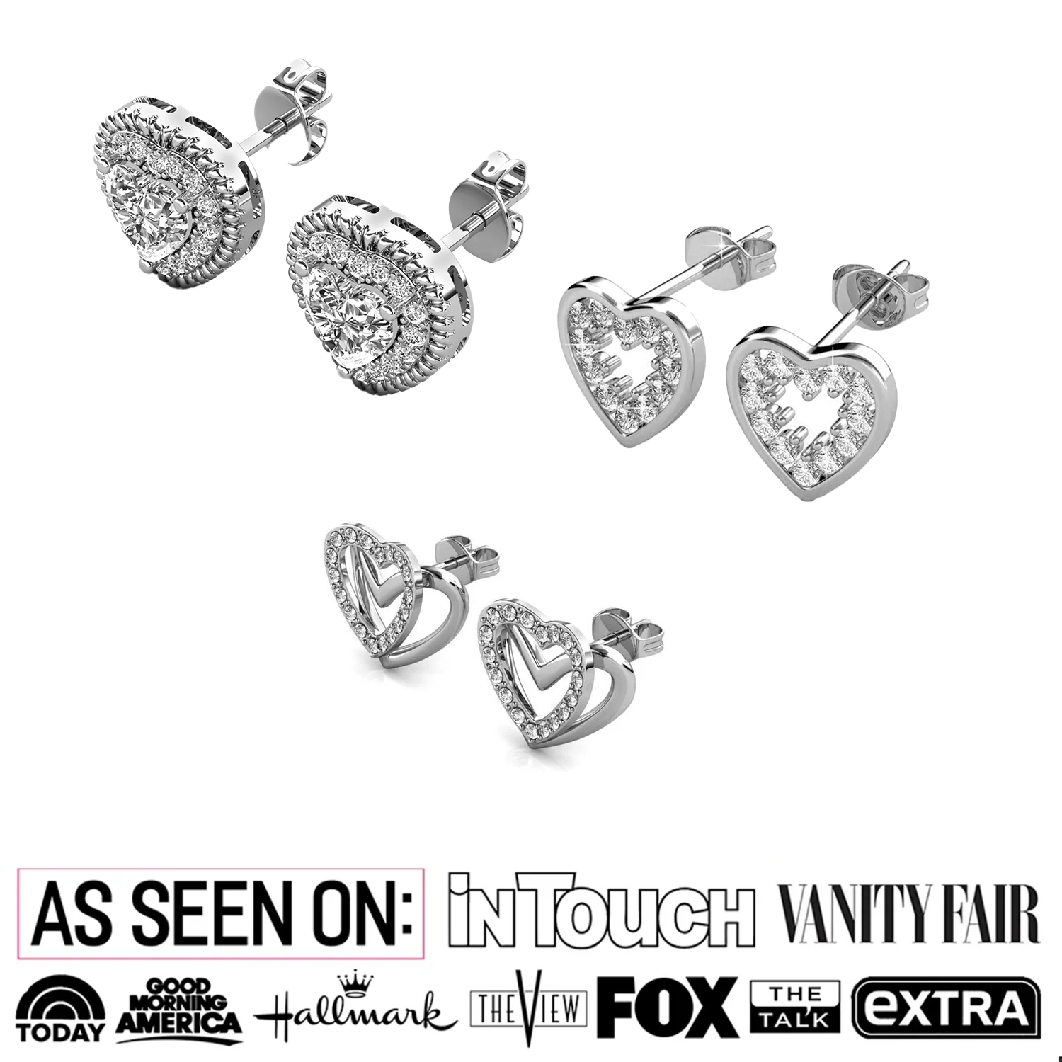 Cate & Chloe Earrings Pack of 3 - Coraline, Ainsley, Cathy 18k White Gold Plated Stud Earrings