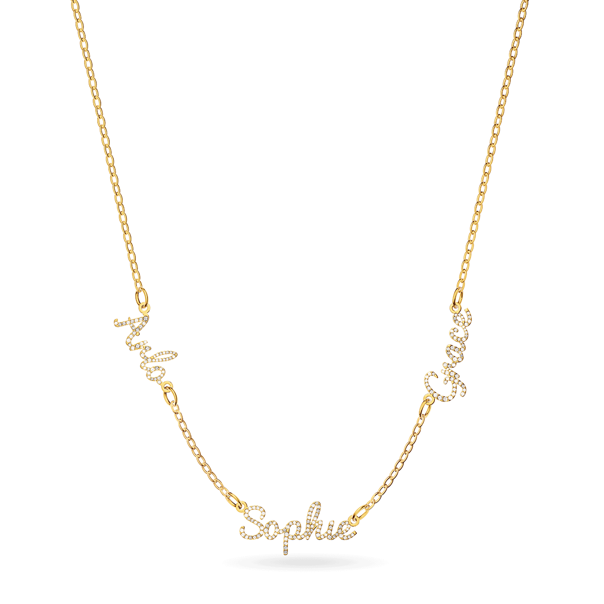 Multi Crystal Cursive Name Necklace (Gold)