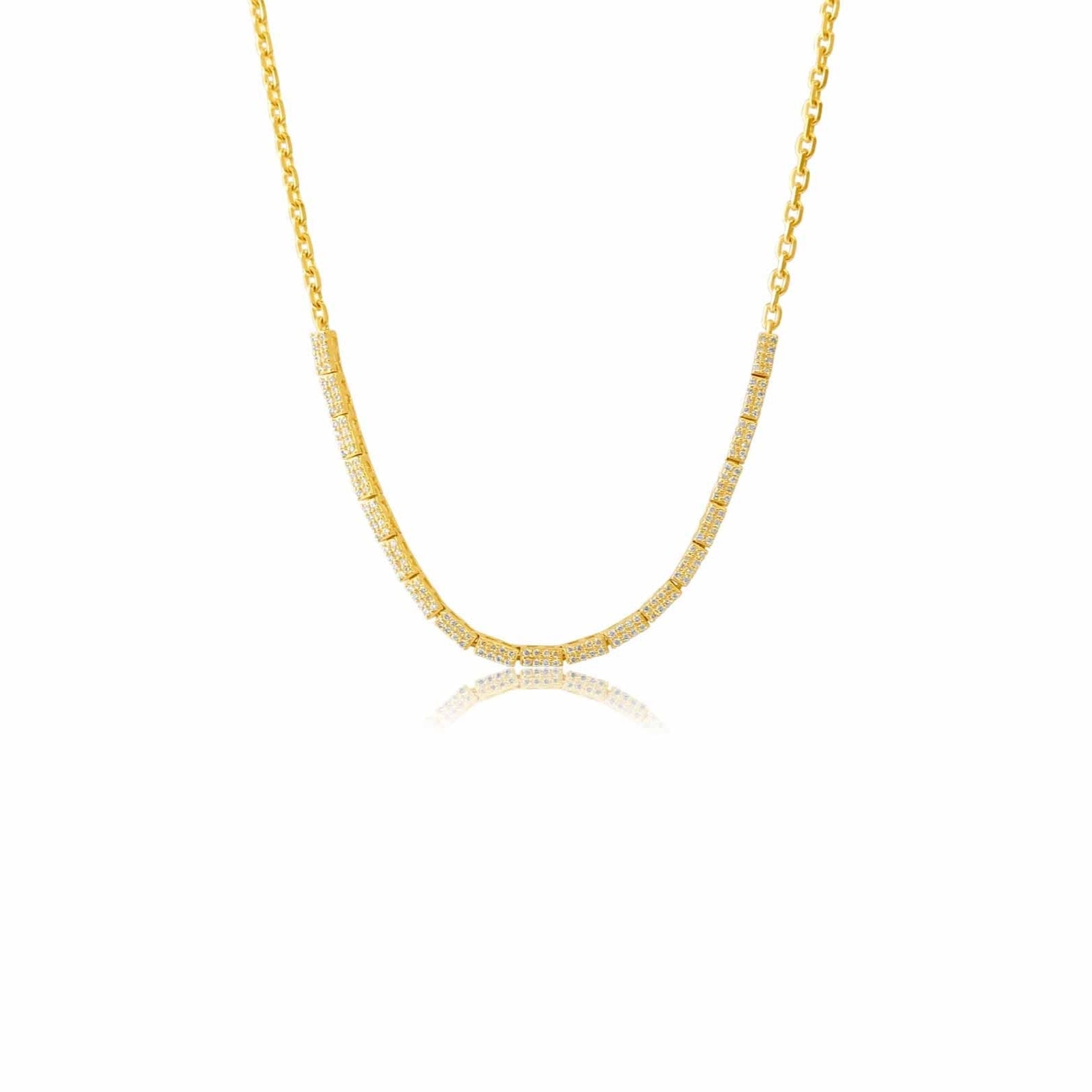 Gold Pave Diamond Rectangle Bar Tennis Necklace