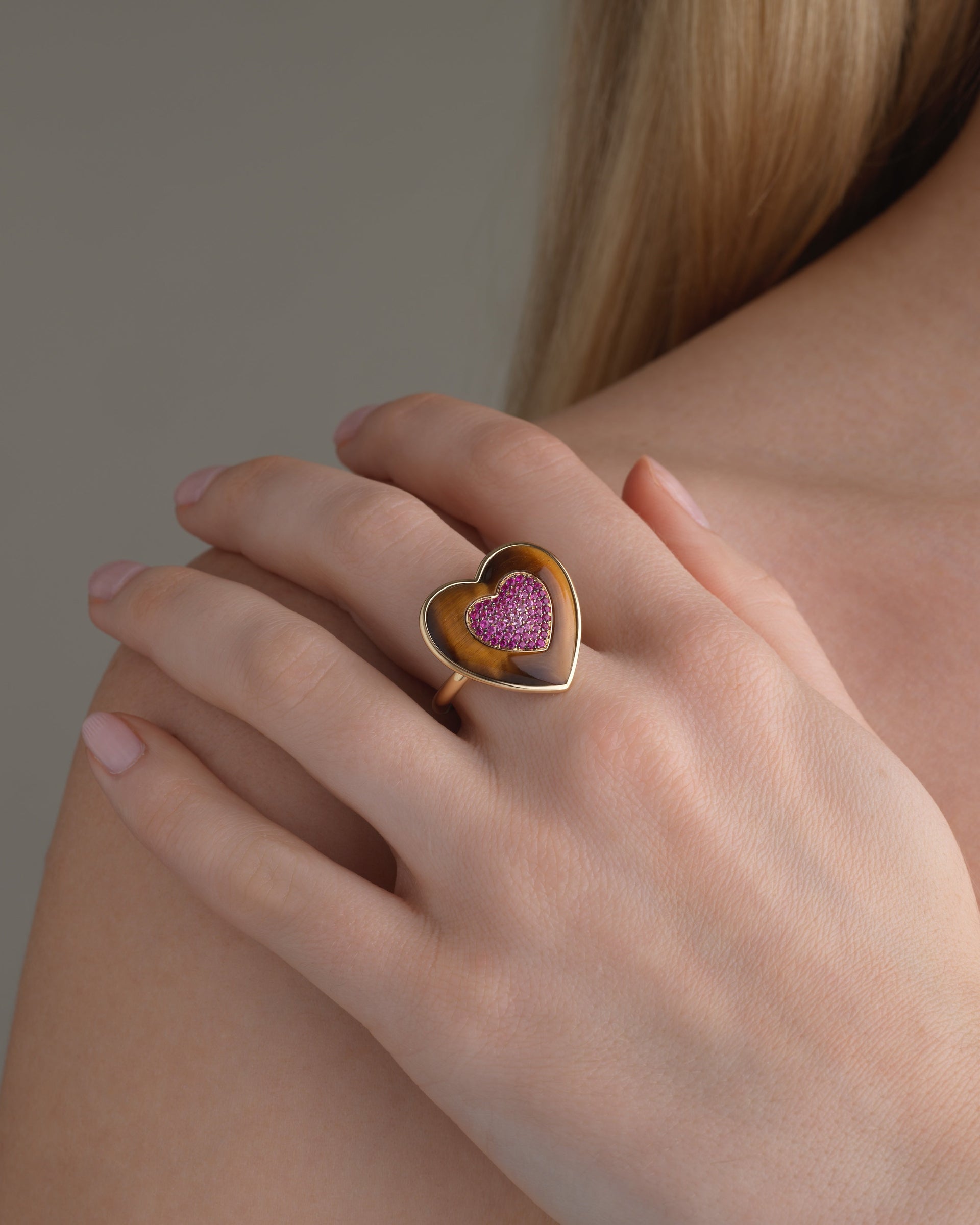 Rock Heart Ring - Pink Sapphire, Tiger's Eye