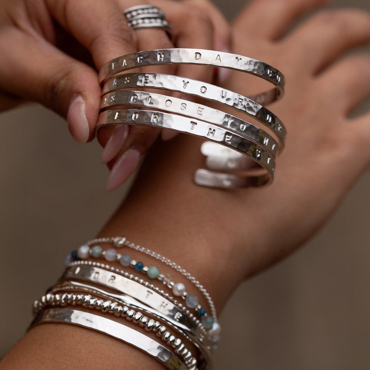 ‘Make Each Day Count’ Hand-Stamped Hammered Nomad Bangle